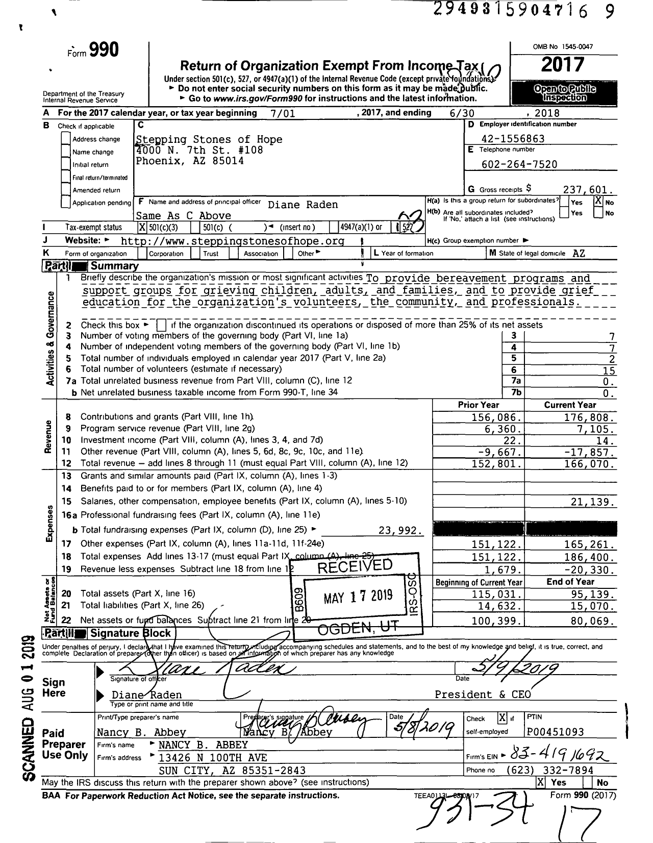 Image of first page of 2017 Form 990 for Stepping Stones of Hope