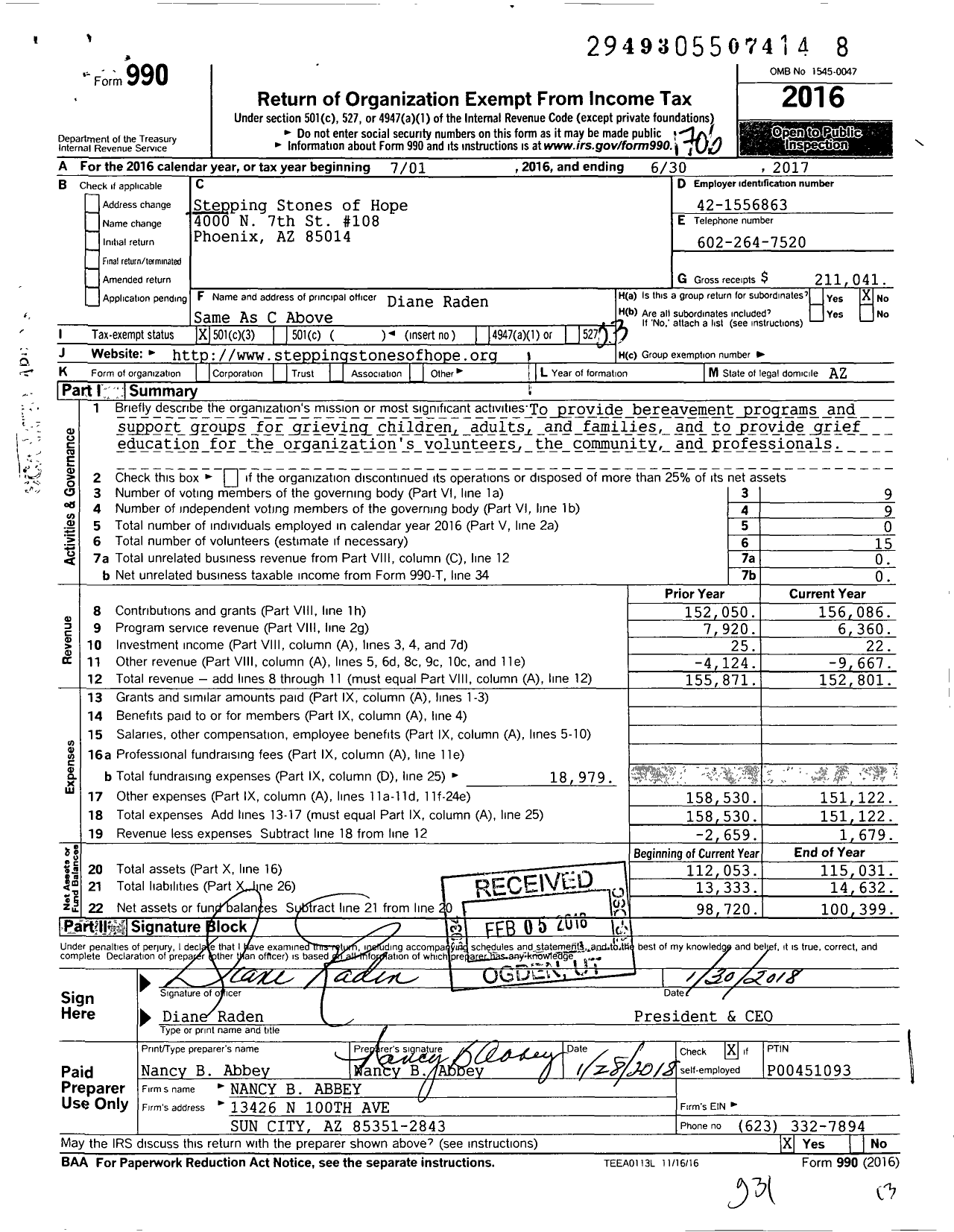 Image of first page of 2016 Form 990 for Stepping Stones of Hope