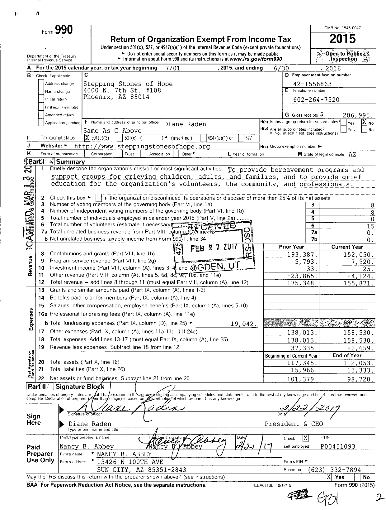 Image of first page of 2015 Form 990 for Stepping Stones of Hope