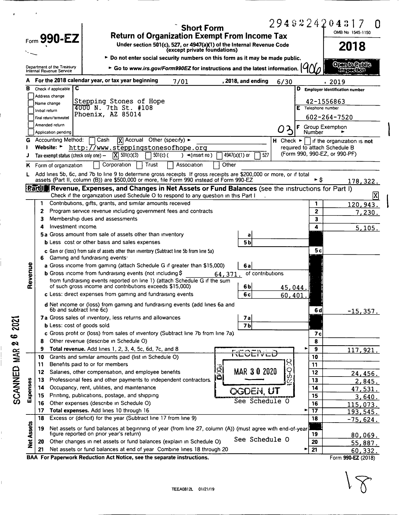 Image of first page of 2018 Form 990EZ for Stepping Stones of Hope