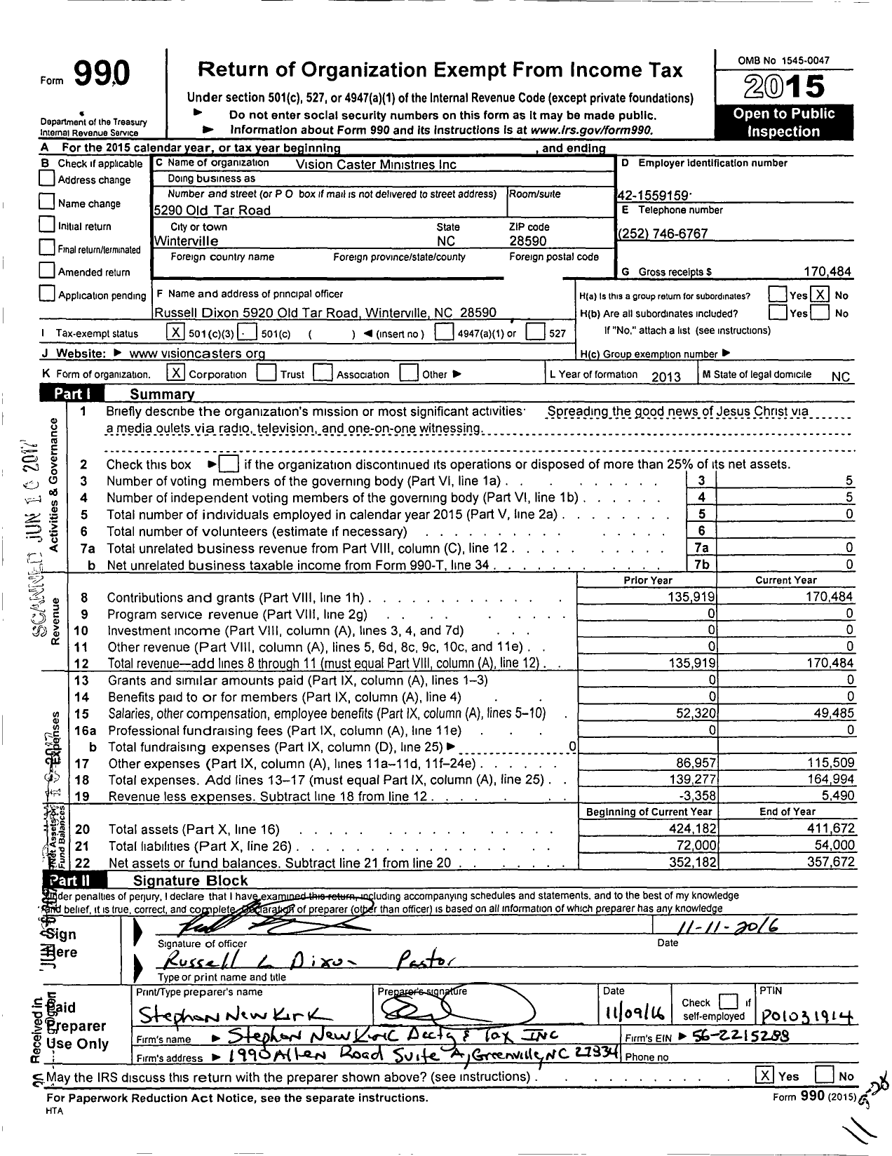 Image of first page of 2015 Form 990 for Vision Caster Ministries