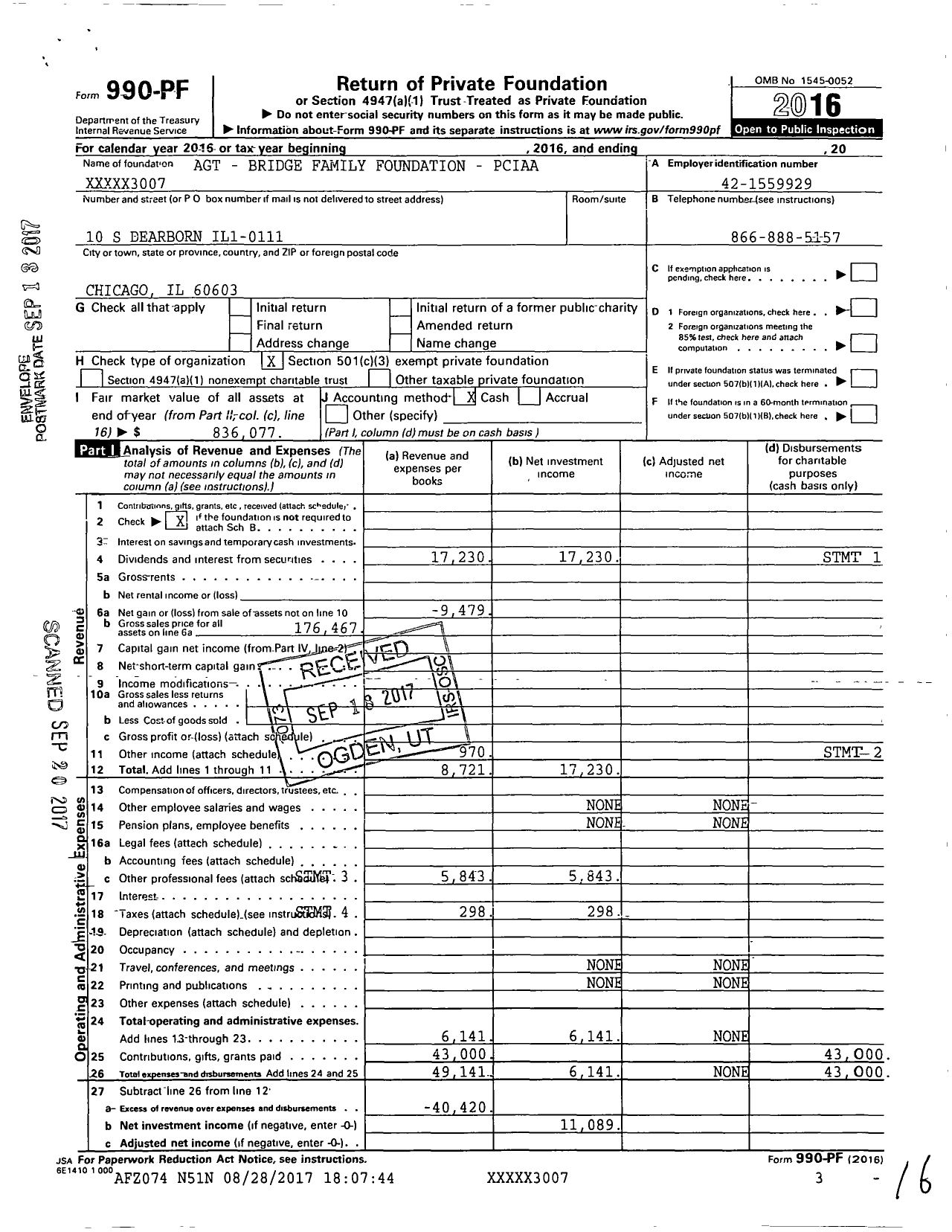 Image of first page of 2016 Form 990PF for Agt Bridge Family Foundation