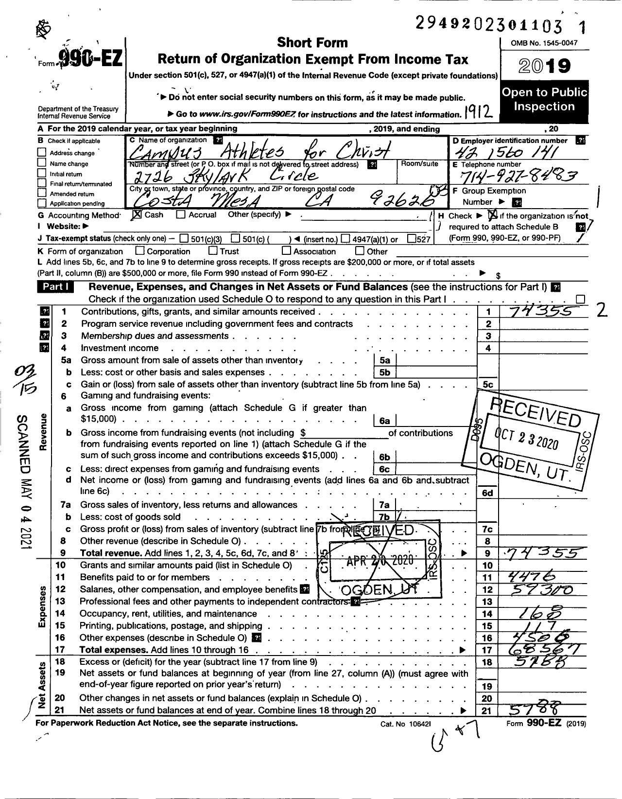 Image of first page of 2019 Form 990EZ for Campus Athletes for Christ