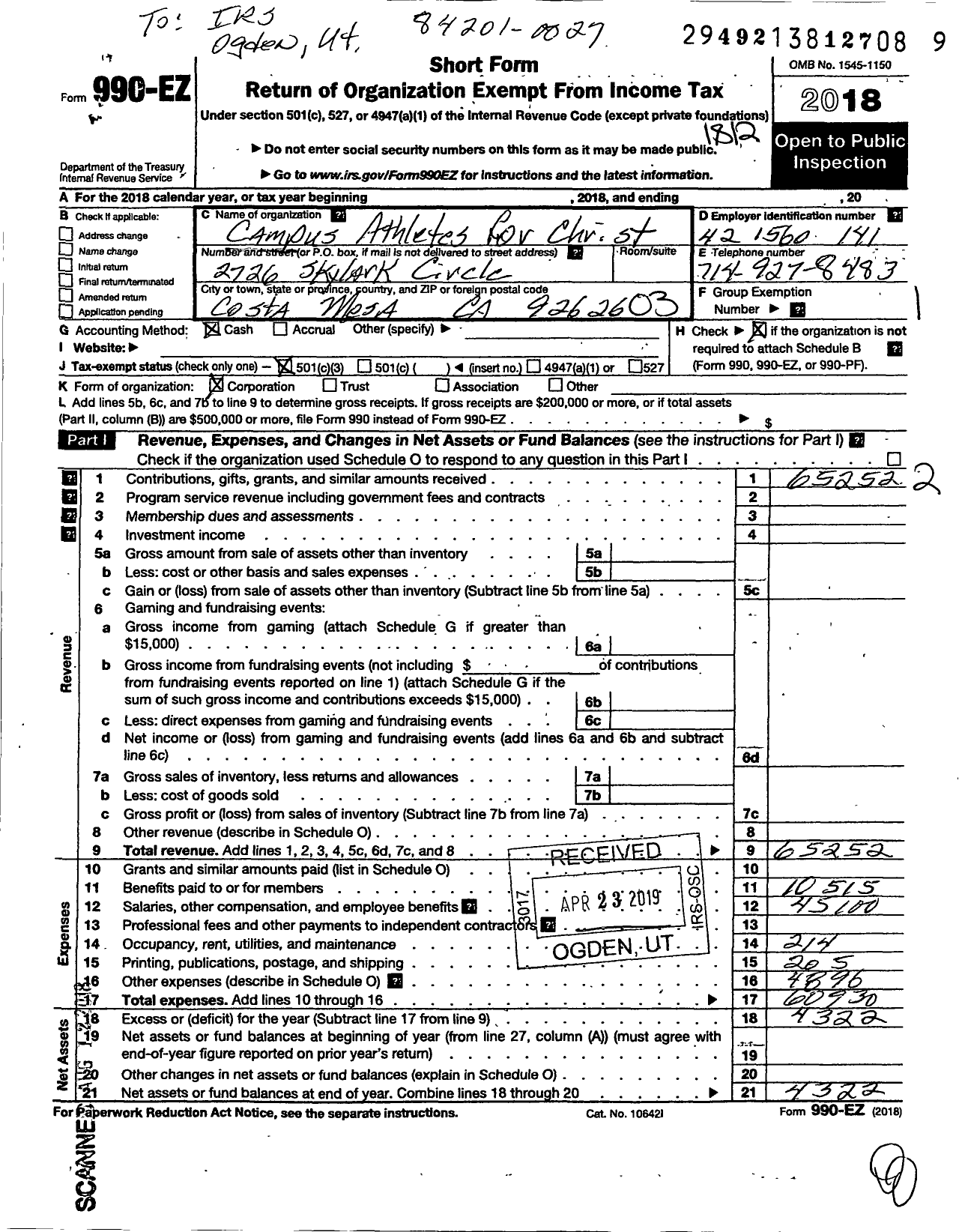 Image of first page of 2018 Form 990EZ for Campus Athletes for Christ