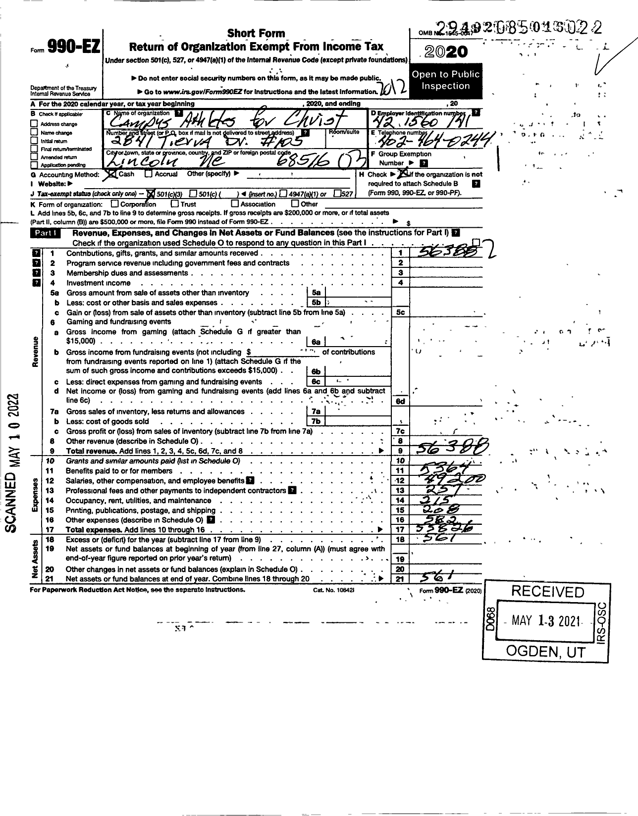 Image of first page of 2020 Form 990EZ for Campus Athletes for Christ