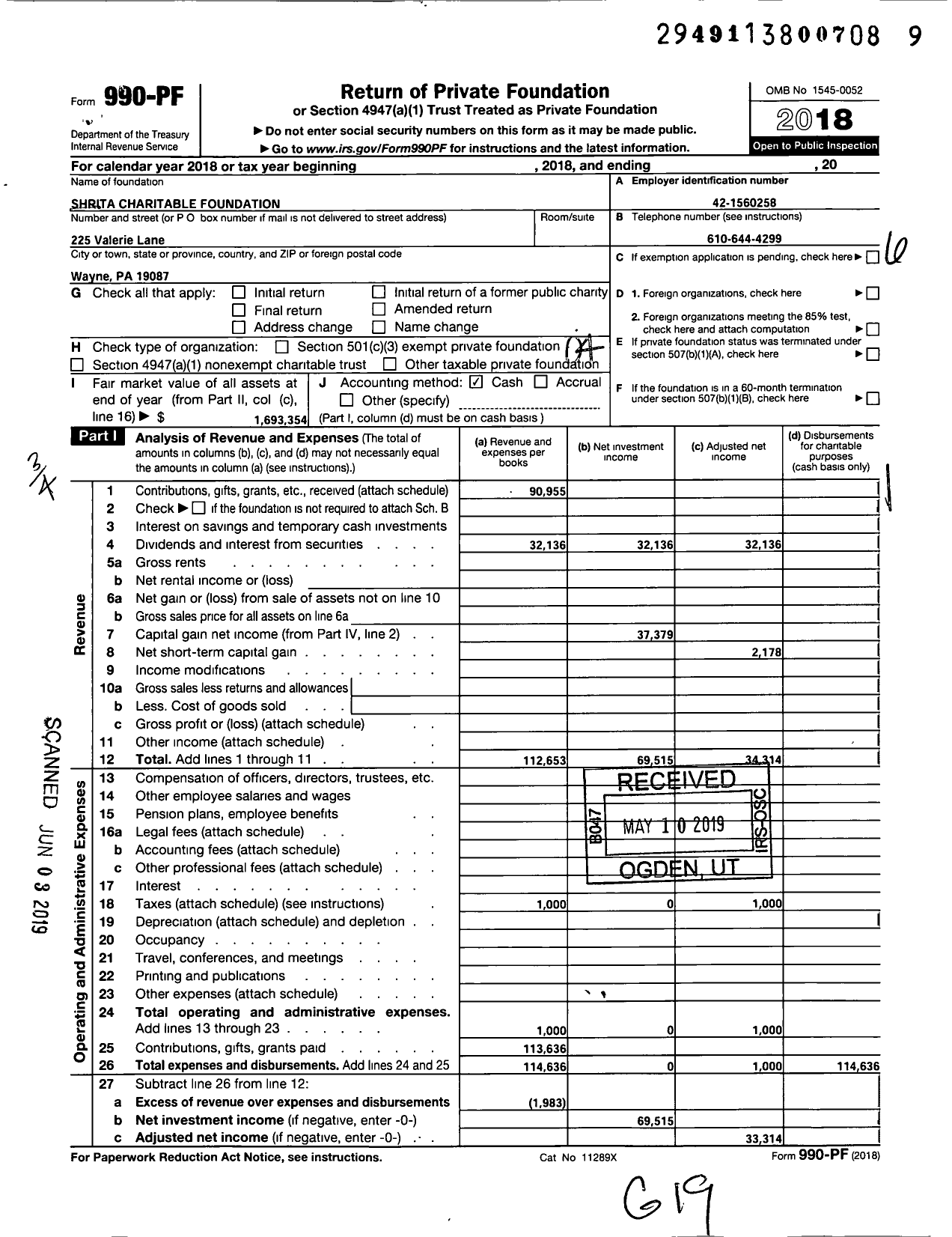 Image of first page of 2018 Form 990PF for Shrita Charitable Foundation