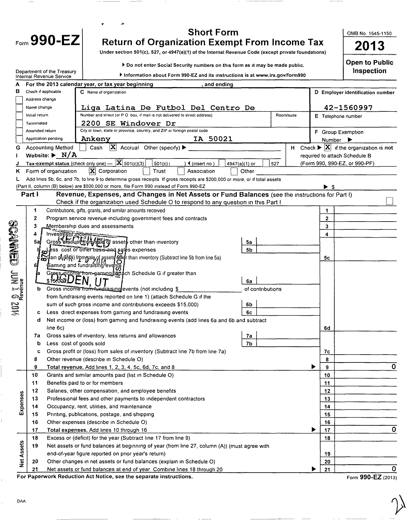 Image of first page of 2013 Form 990EZ for Liga Latina de Futbol Del Centro de Iowa