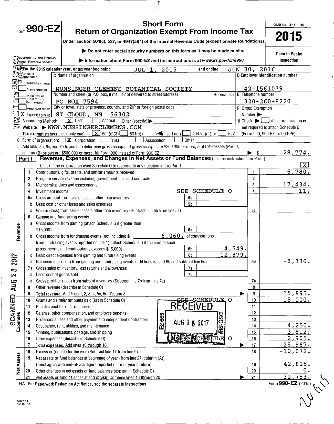 Image of first page of 2015 Form 990EZ for Munsinger Clemens Botanical Society