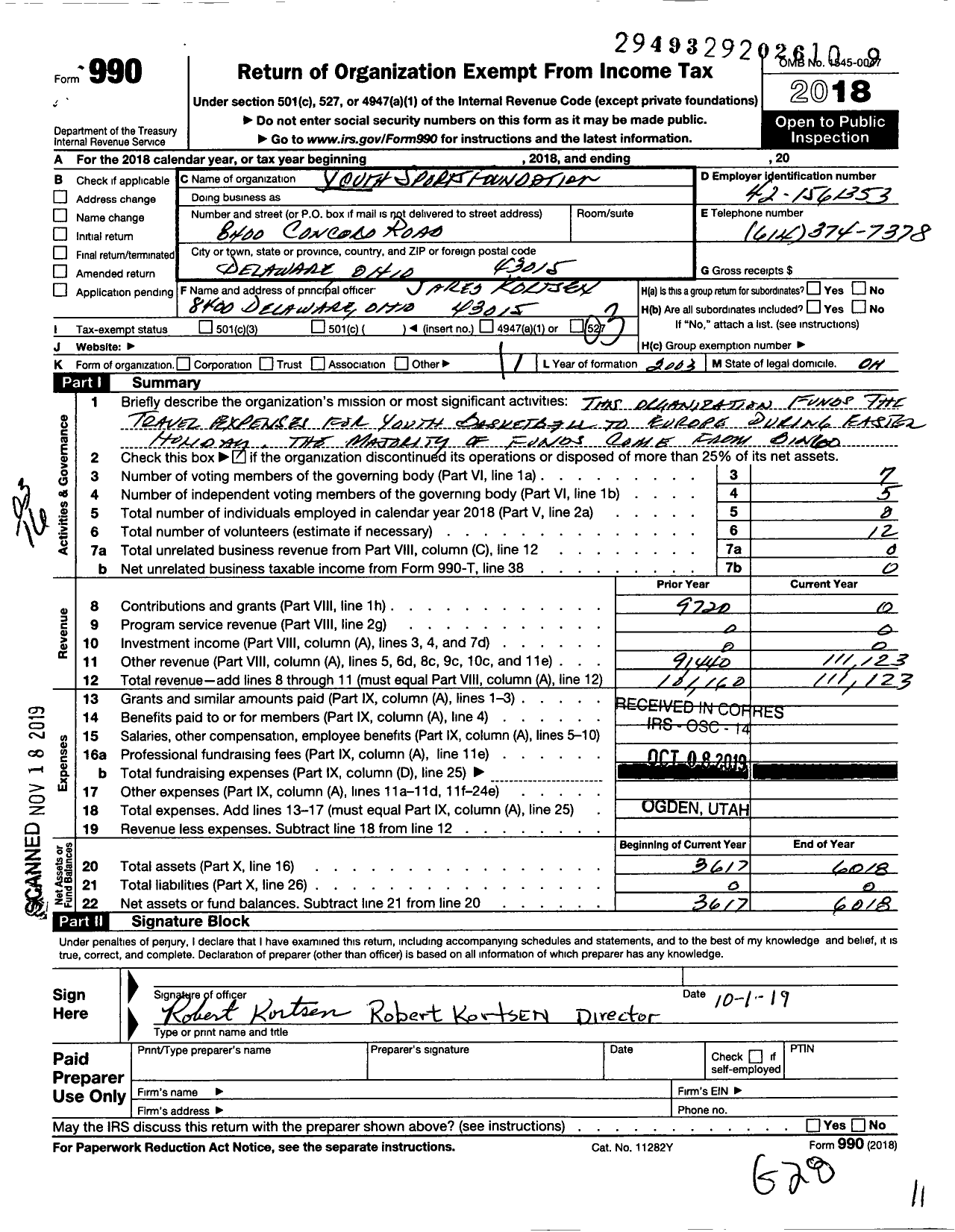 Image of first page of 2018 Form 990 for Youth Sports Foundation