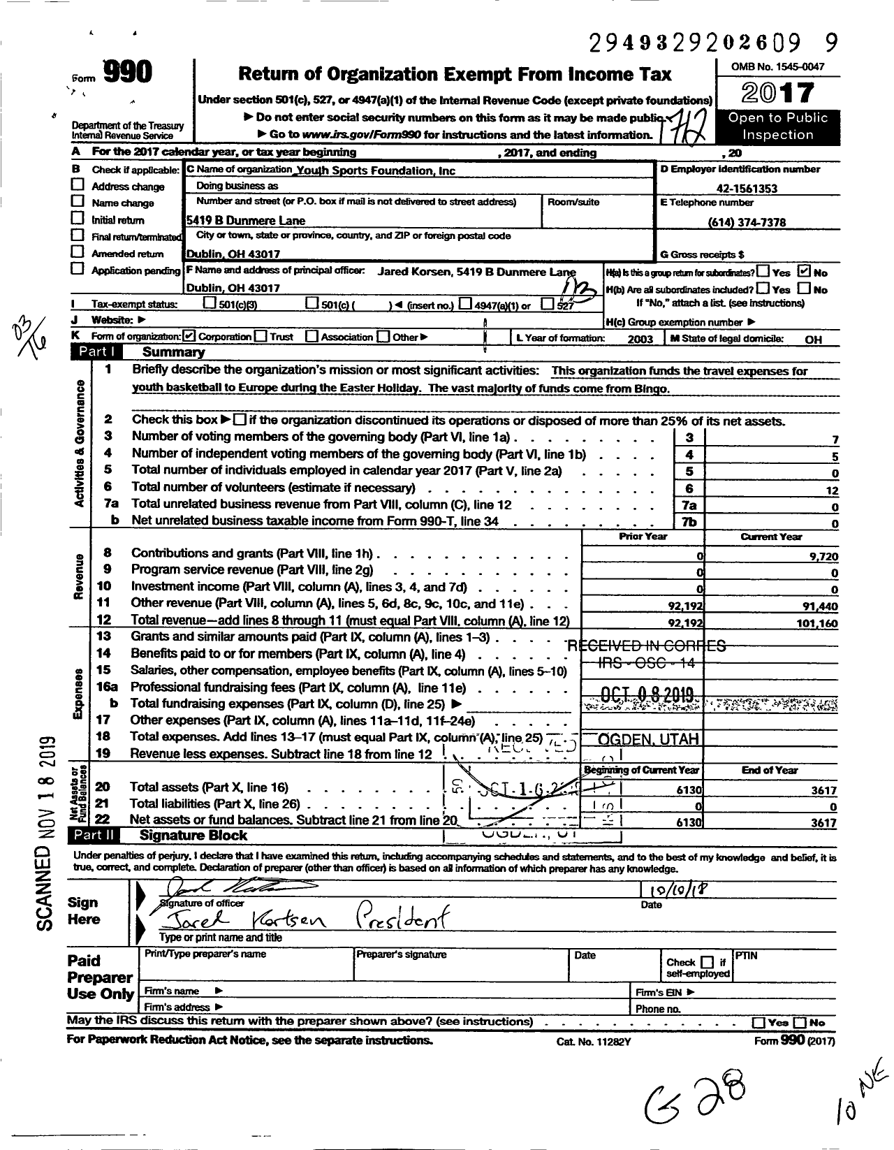 Image of first page of 2017 Form 990 for Youth Sports Foundation