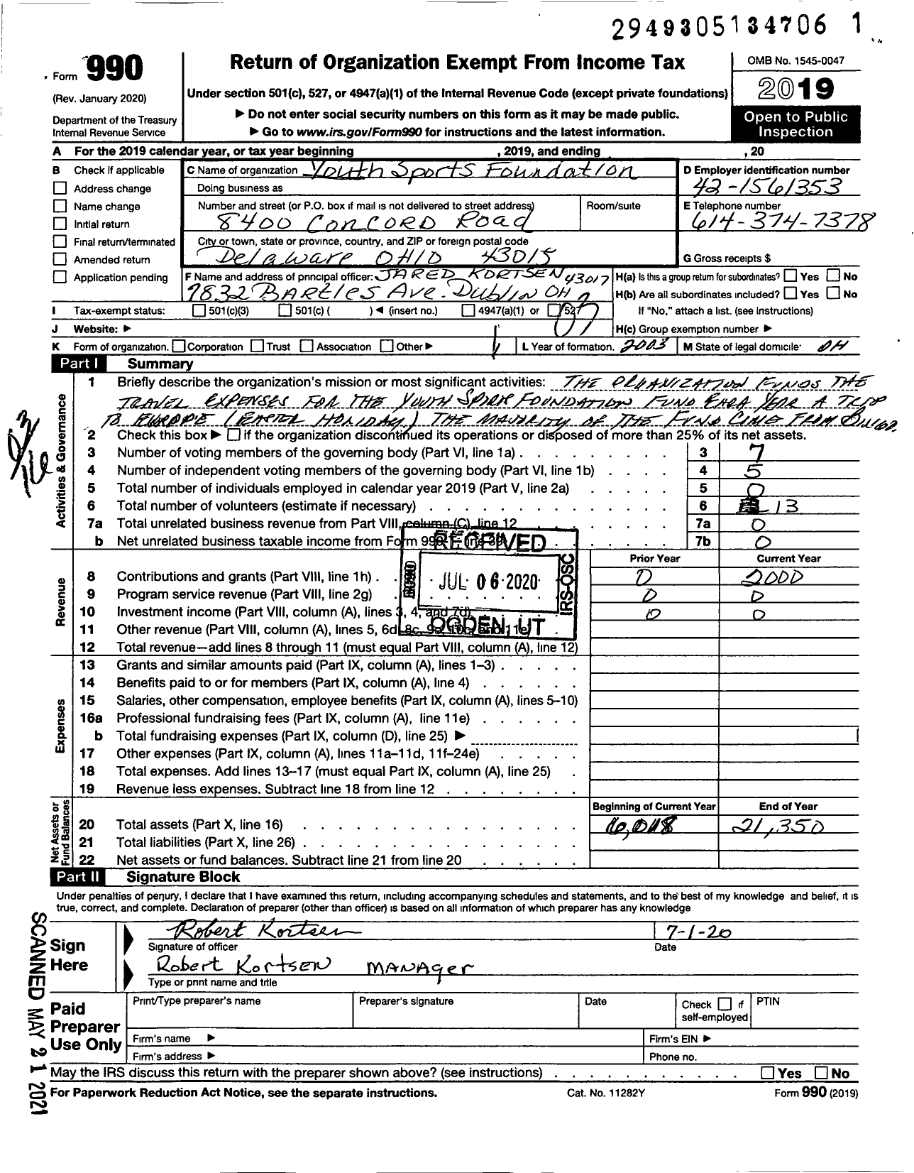 Image of first page of 2019 Form 990 for Youth Sports Foundation