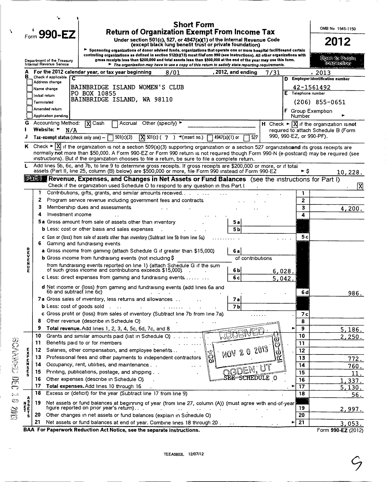 Image of first page of 2012 Form 990EO for Bainbridge Island Womens Club