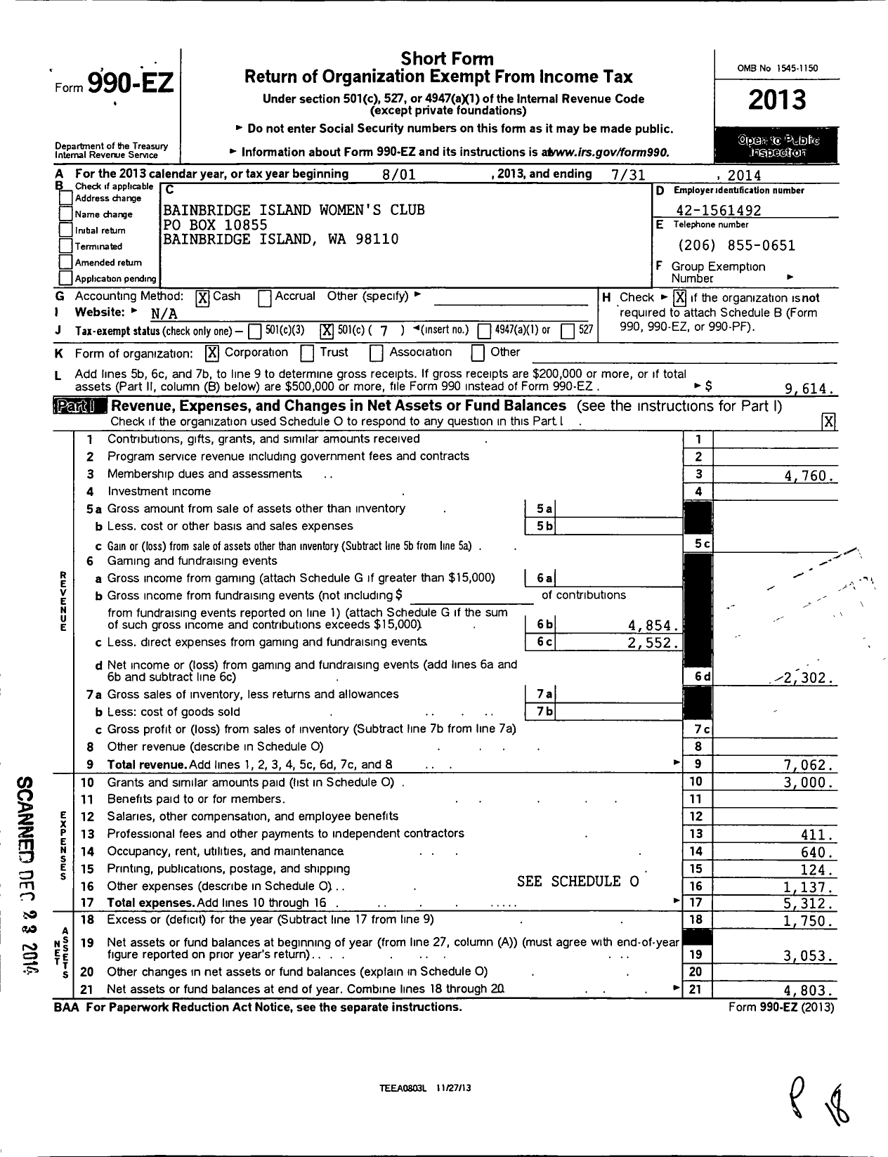 Image of first page of 2013 Form 990EO for Bainbridge Island Womens Club