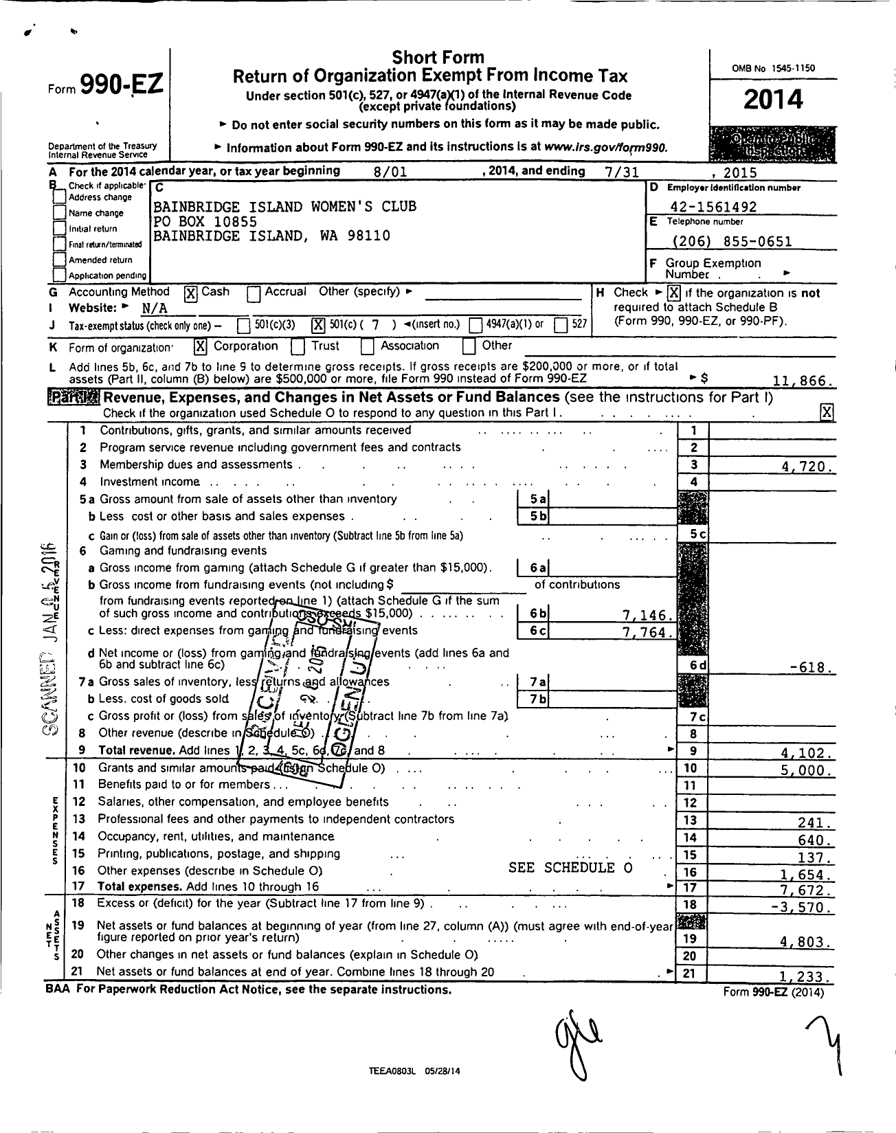 Image of first page of 2014 Form 990EO for Bainbridge Island Womens Club