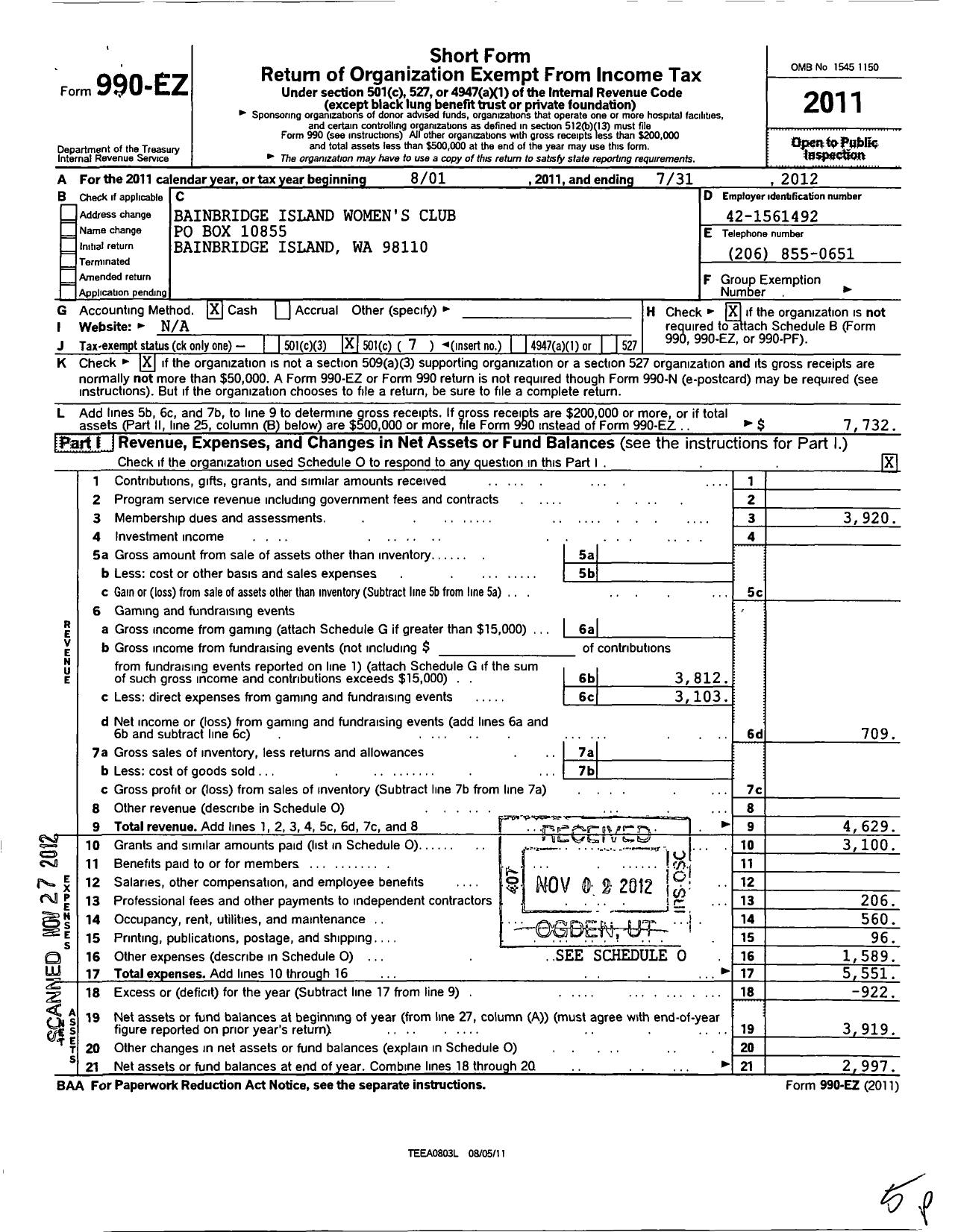 Image of first page of 2011 Form 990EO for Bainbridge Island Womens Club