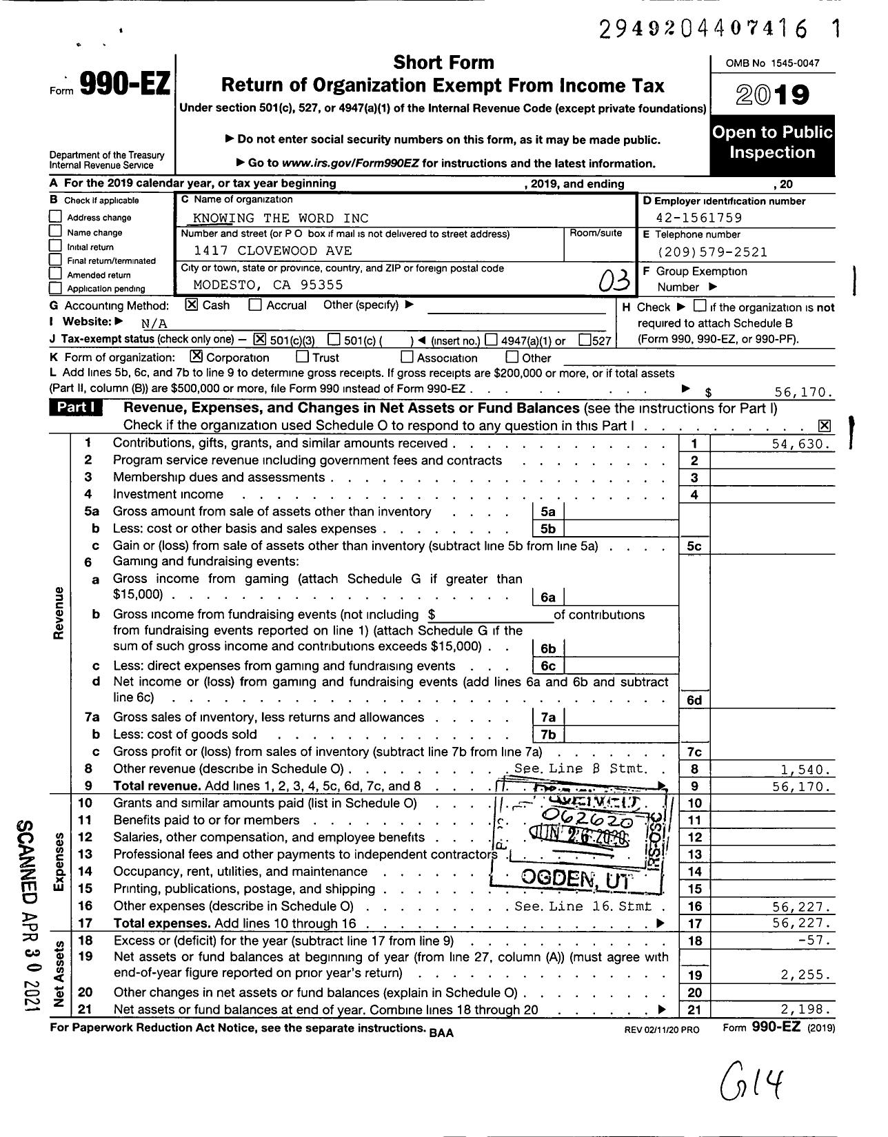 Image of first page of 2019 Form 990EZ for Knowing the Word