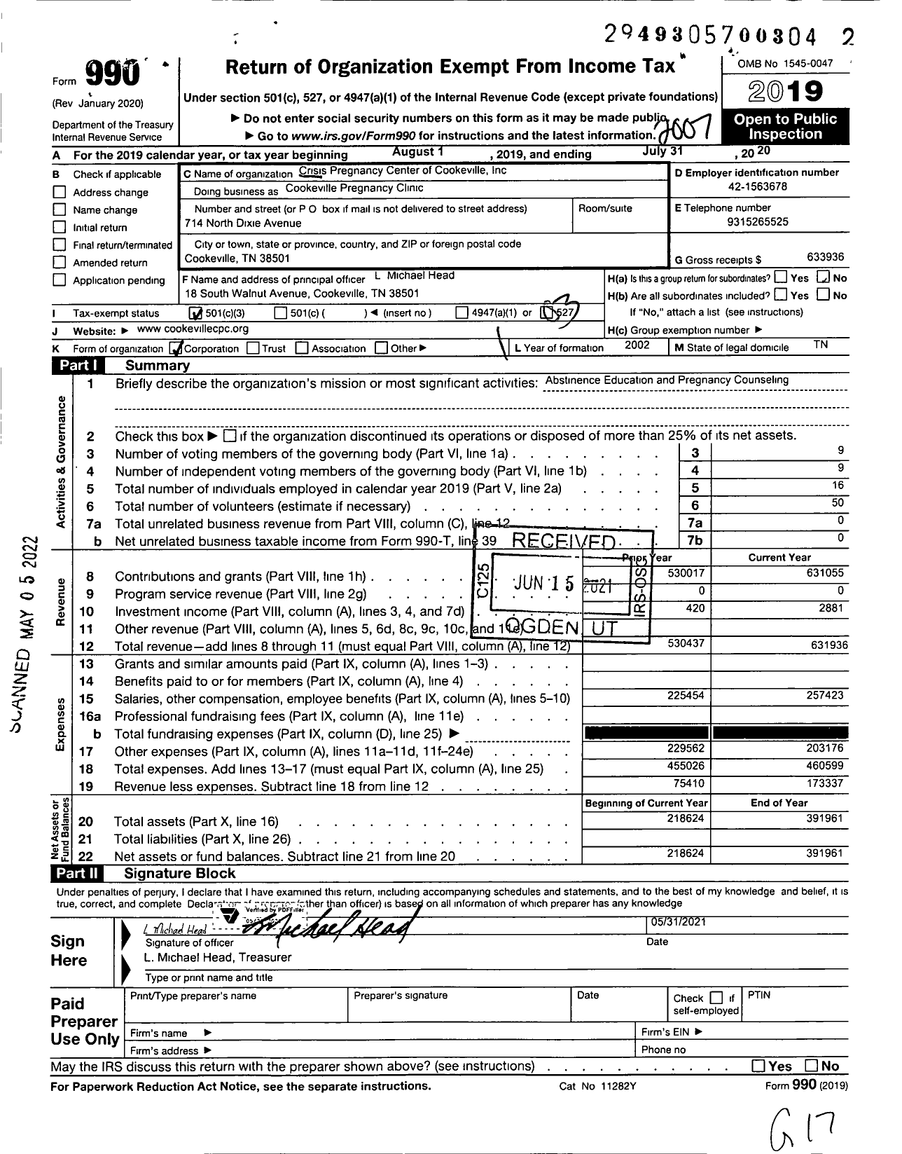 Image of first page of 2019 Form 990 for Cookeville Pregnancy Clinic