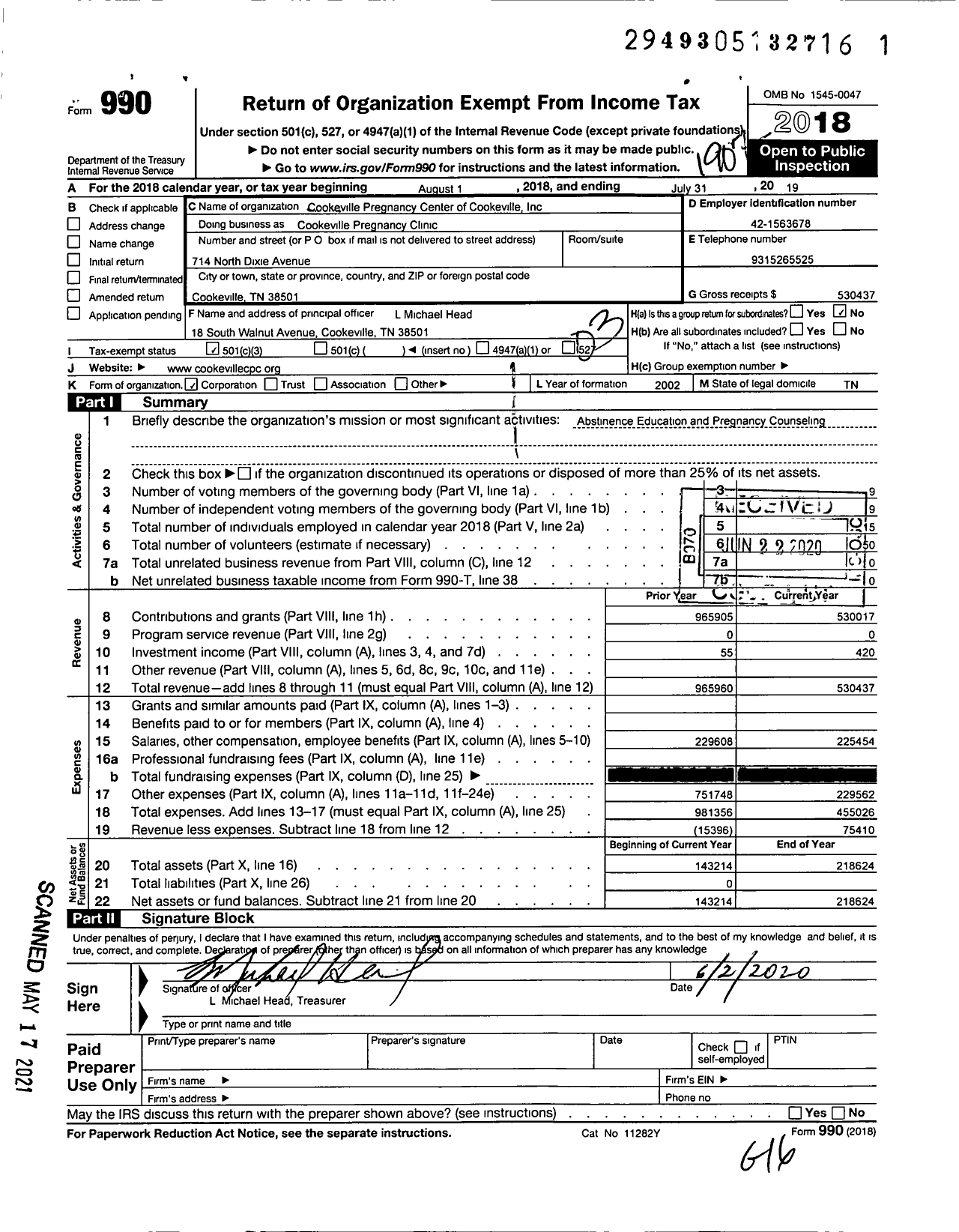 Image of first page of 2018 Form 990 for Cookeville Pregnancy Clinic