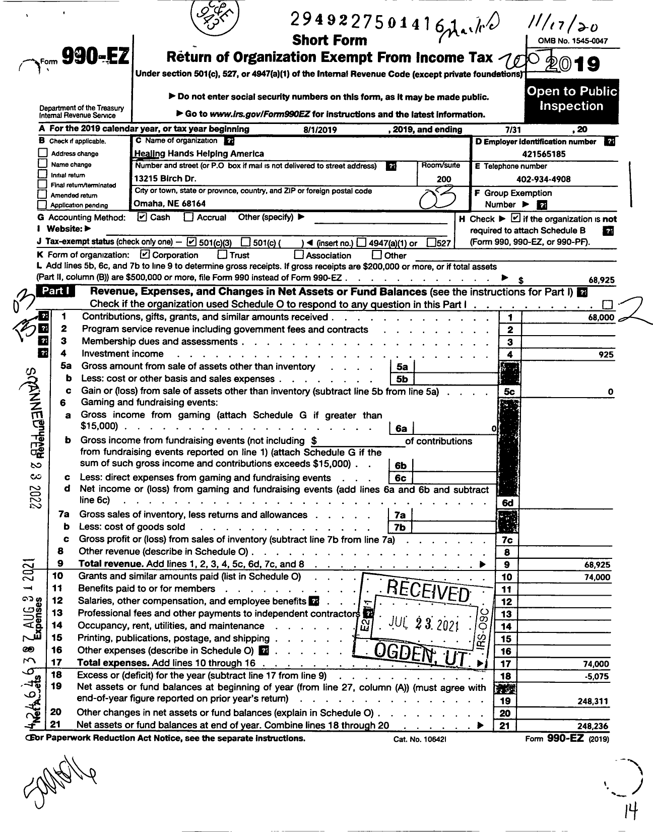 Image of first page of 2019 Form 990EZ for Healing Hands Helping America