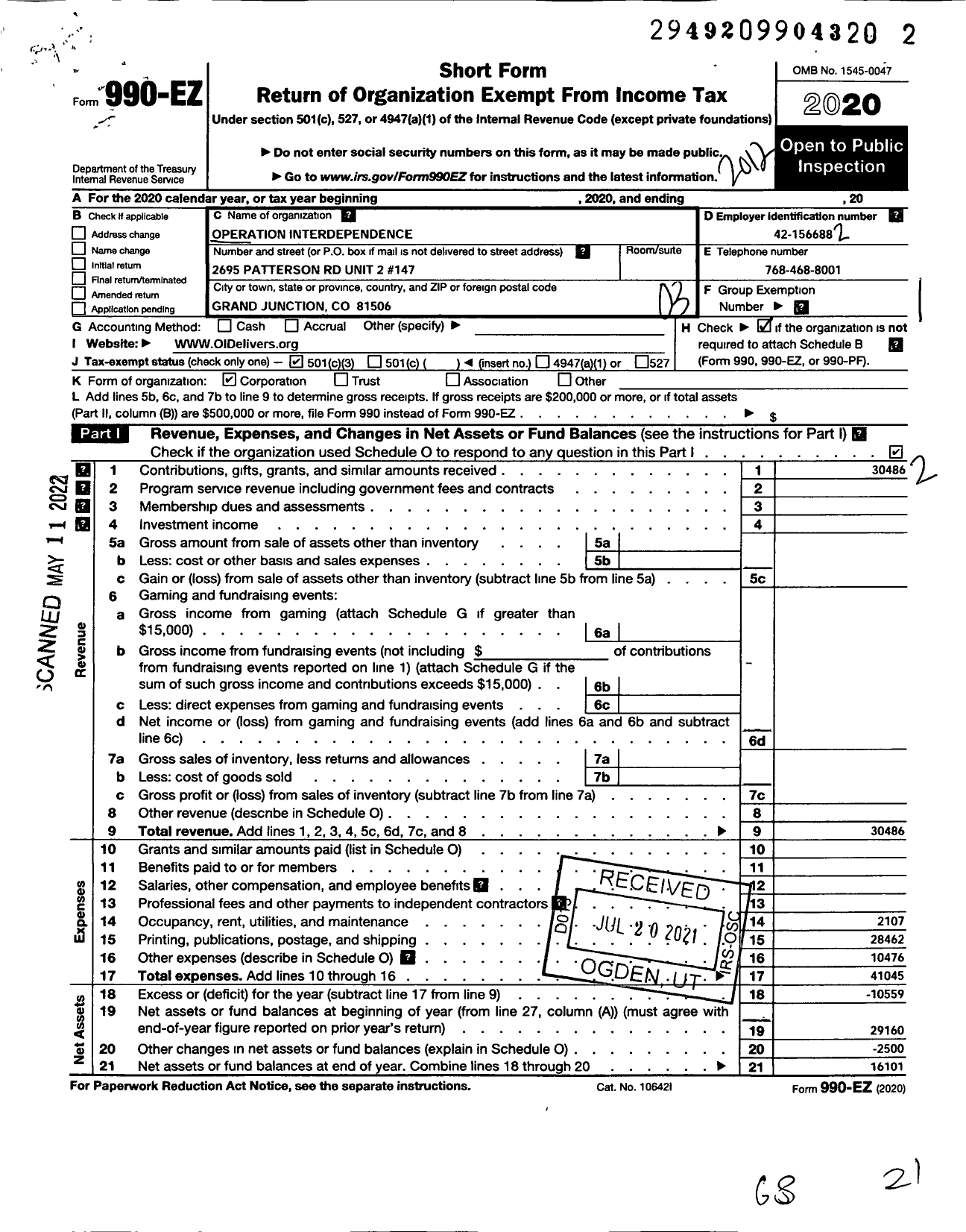 Image of first page of 2020 Form 990EZ for Operation Interdependence