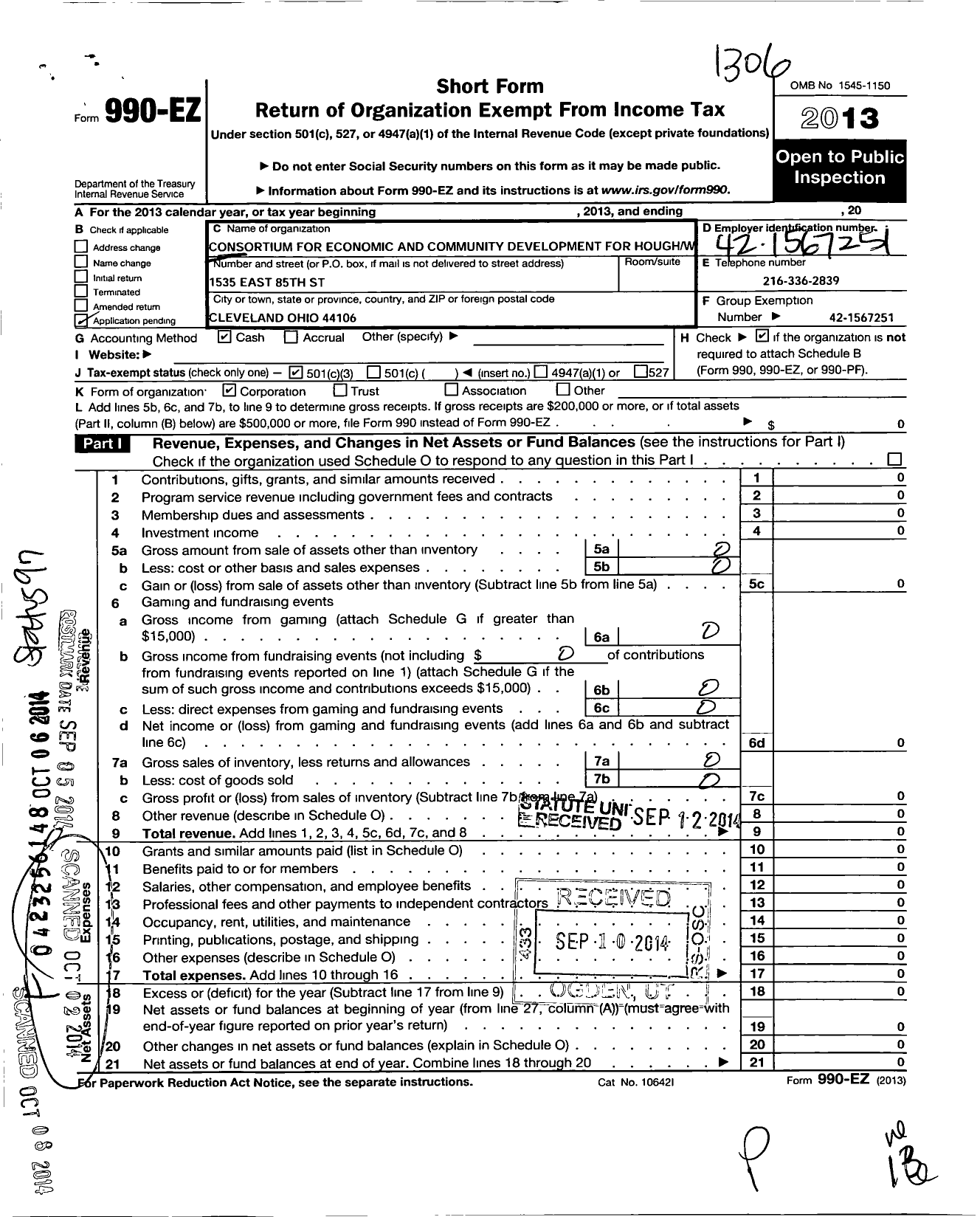Image of first page of 2012 Form 990EZ for The Consortium for Economic and Community Development for Thought