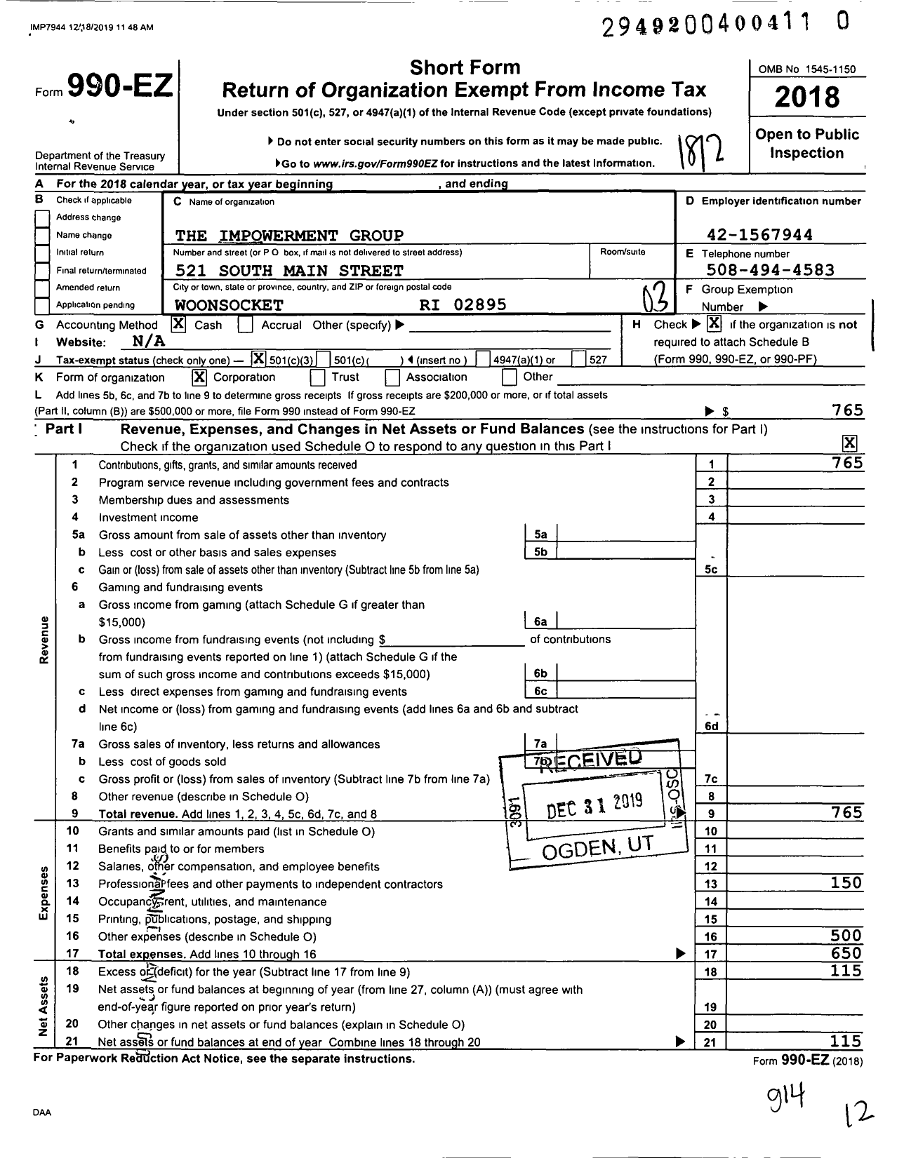 Image of first page of 2018 Form 990EZ for The Impowerment Group Attn Michael Manzi