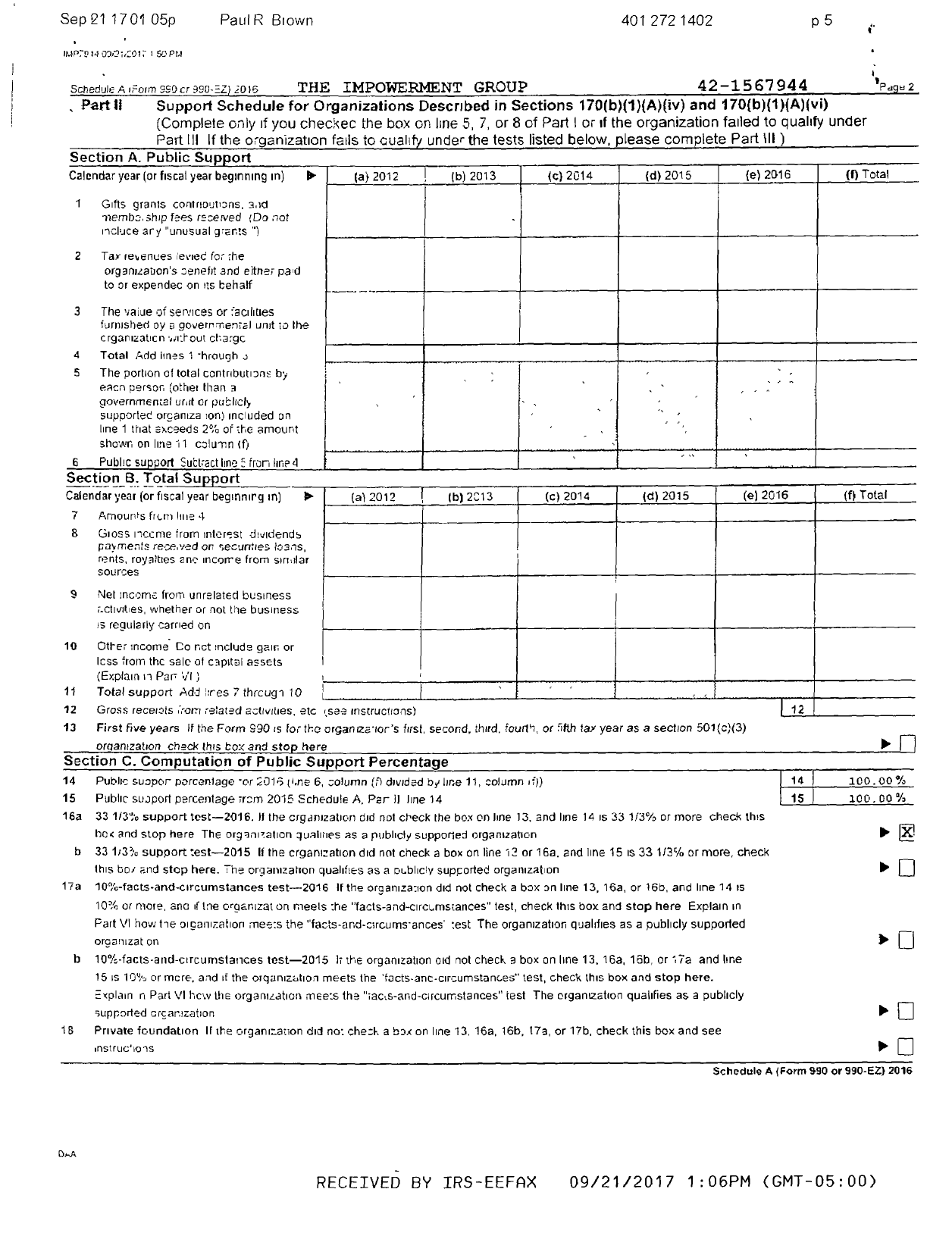 Image of first page of 2016 Form 990ER for The Impowerment Group Attn Michael Manzi