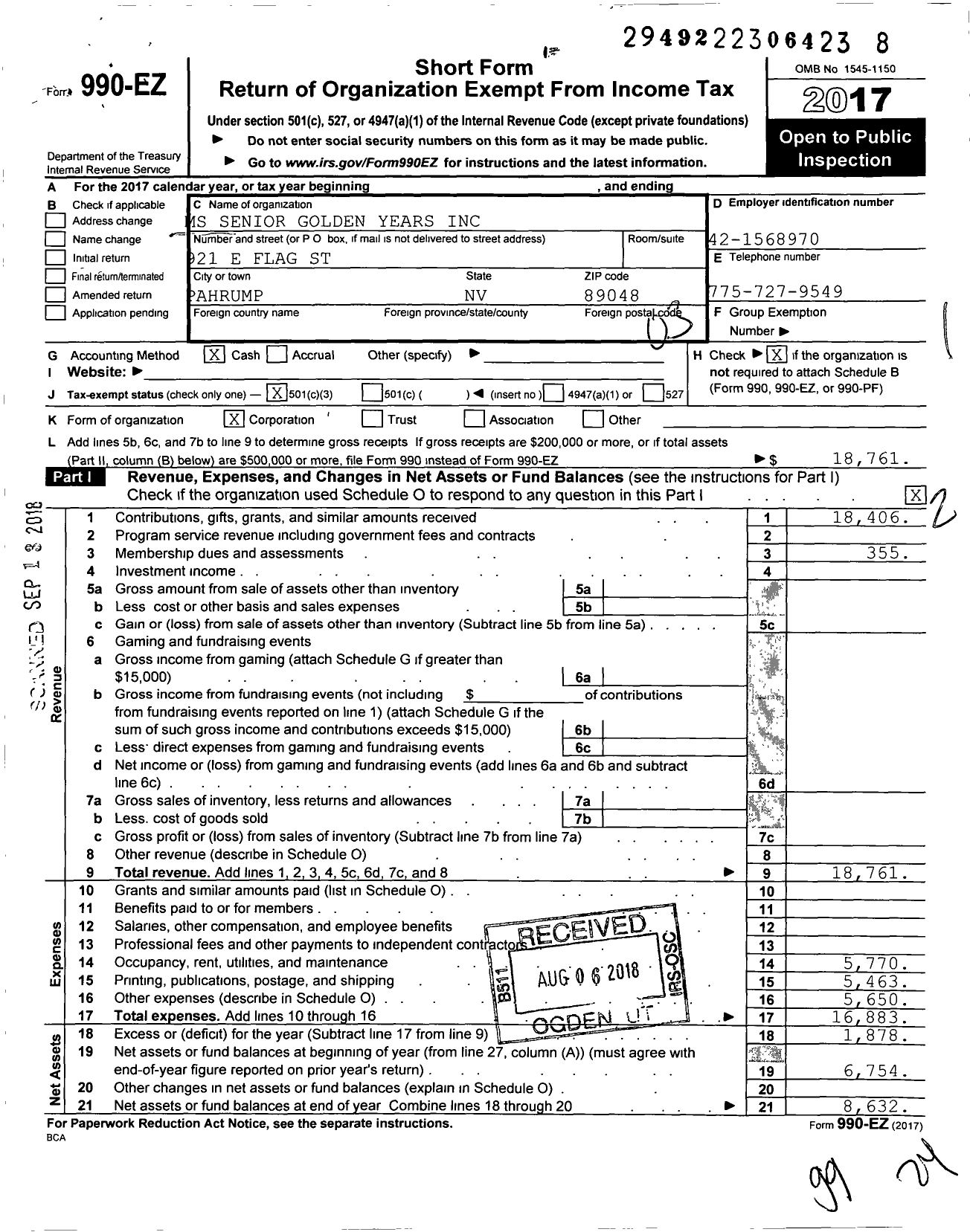 Image of first page of 2017 Form 990EZ for MS Senior Golden Years