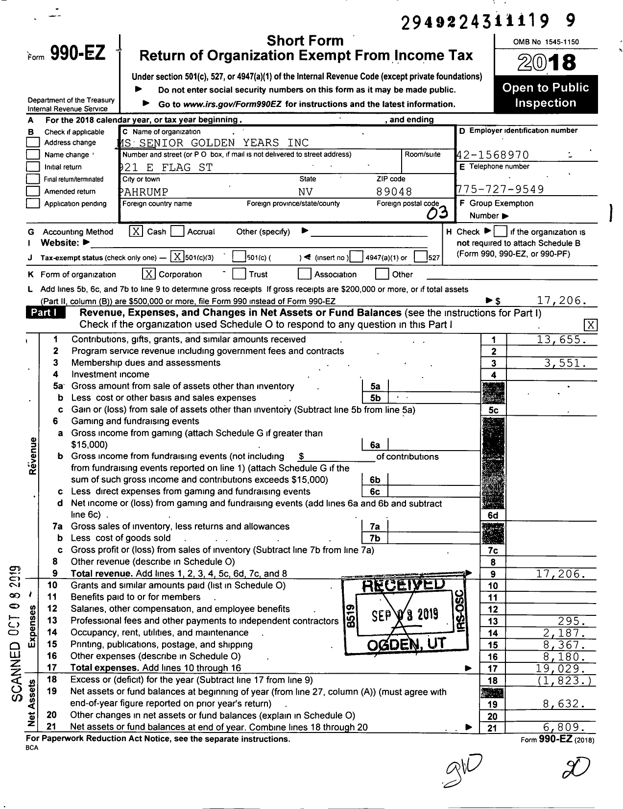 Image of first page of 2018 Form 990EZ for MS Senior Golden Years