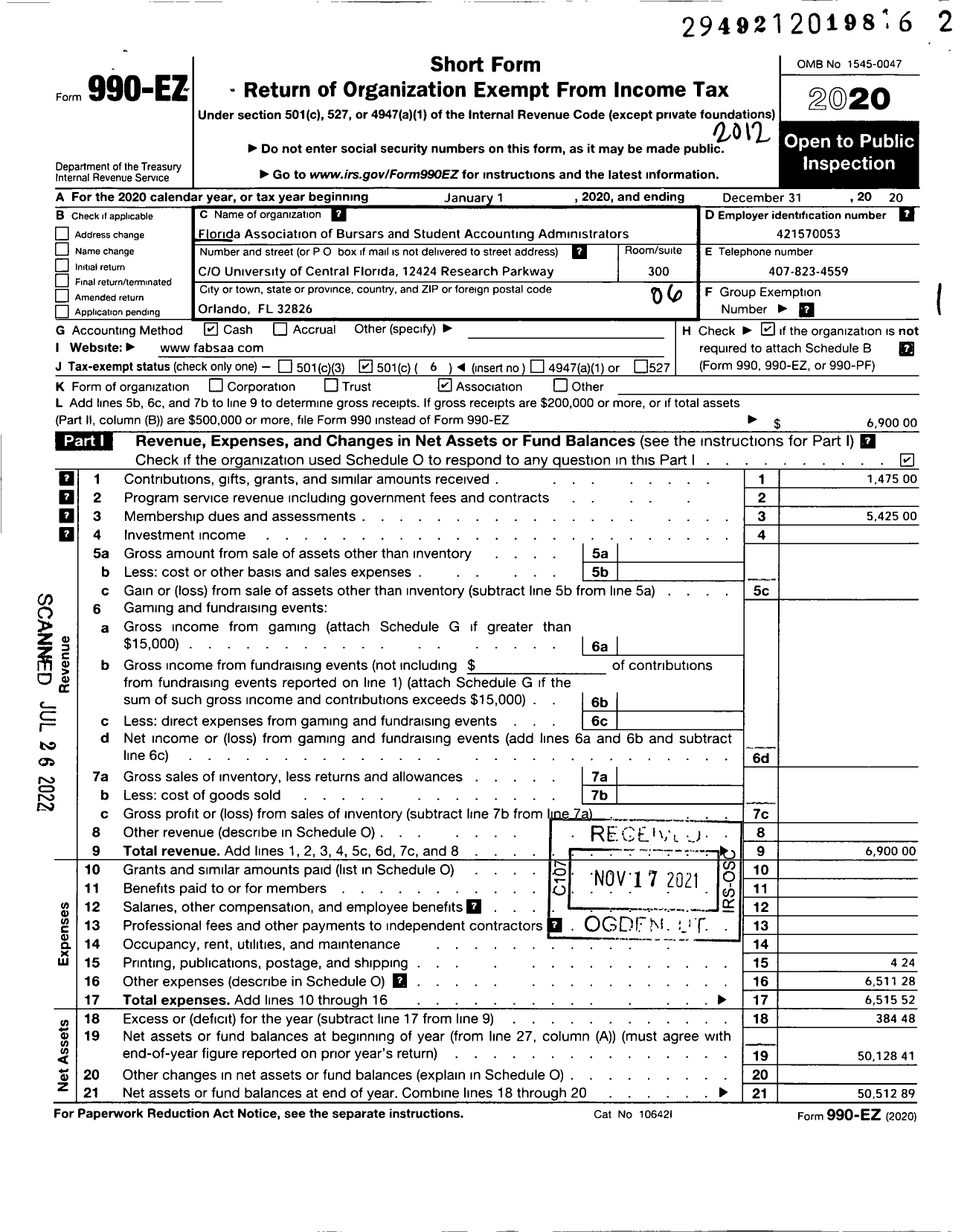 Image of first page of 2020 Form 990EO for Florida Association of Bursars and Student Accounting Administrators