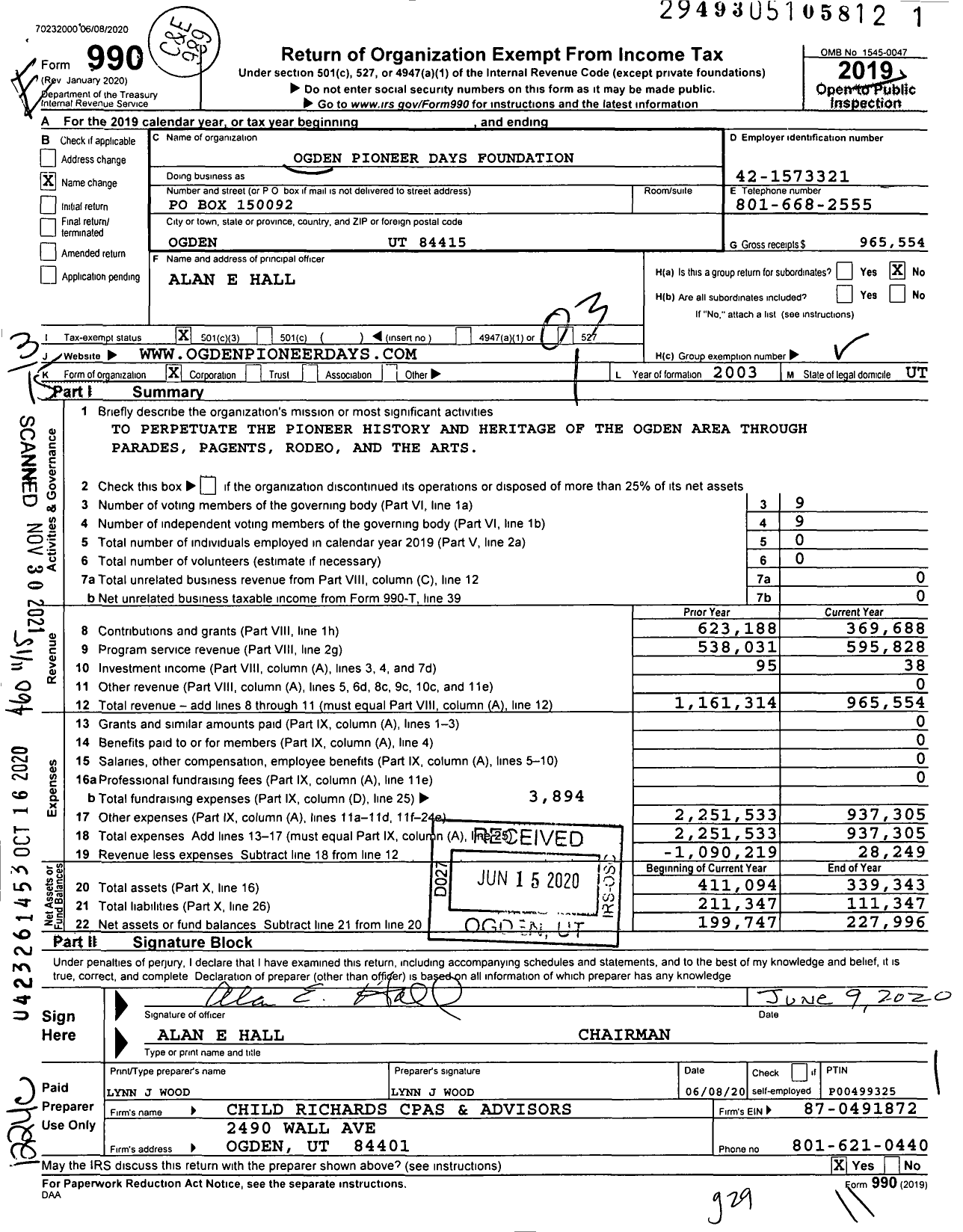 Image of first page of 2019 Form 990 for Ogden Pioneer Days Foundation