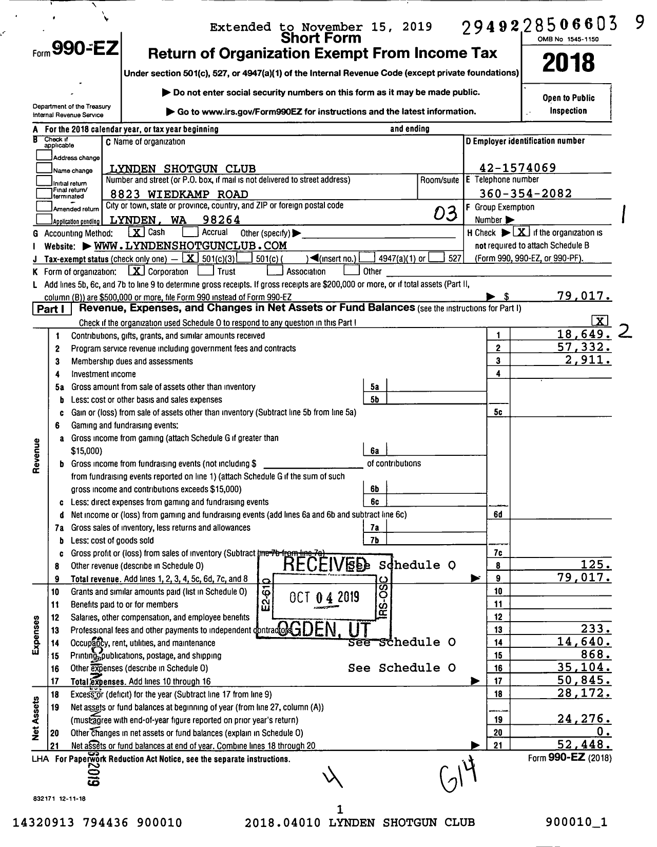 Image of first page of 2018 Form 990EZ for Lynden Shotgun Club