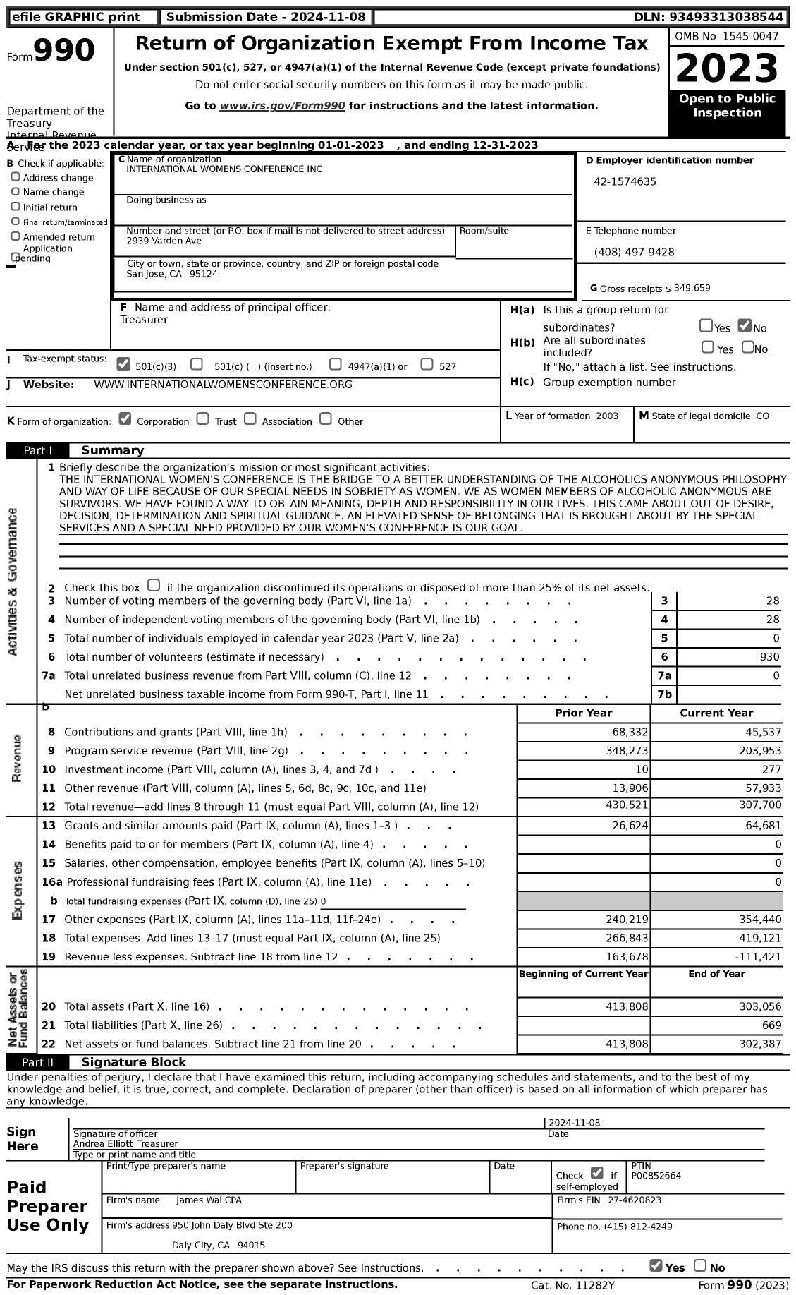 Image of first page of 2023 Form 990 for International Womens Conference