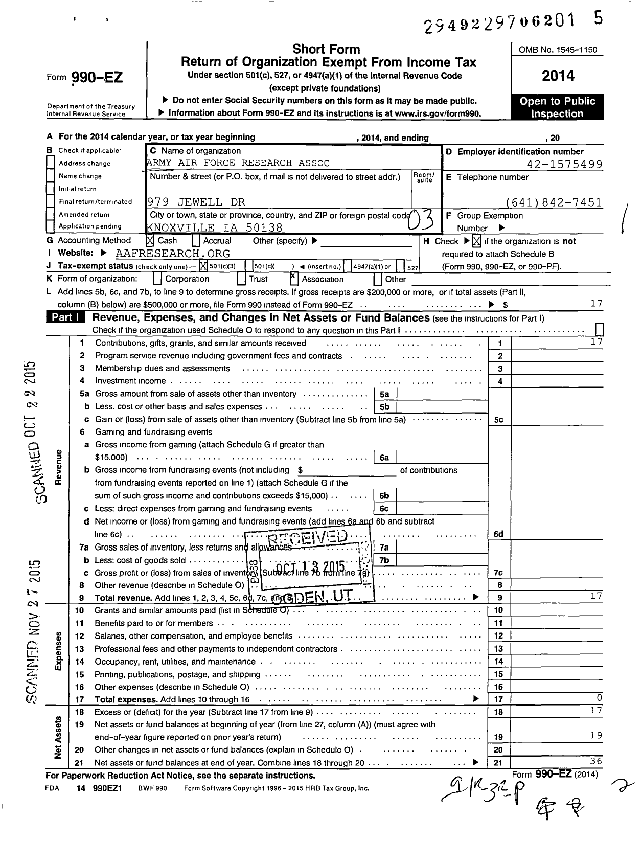 Image of first page of 2014 Form 990EZ for Army Air Force Research Association