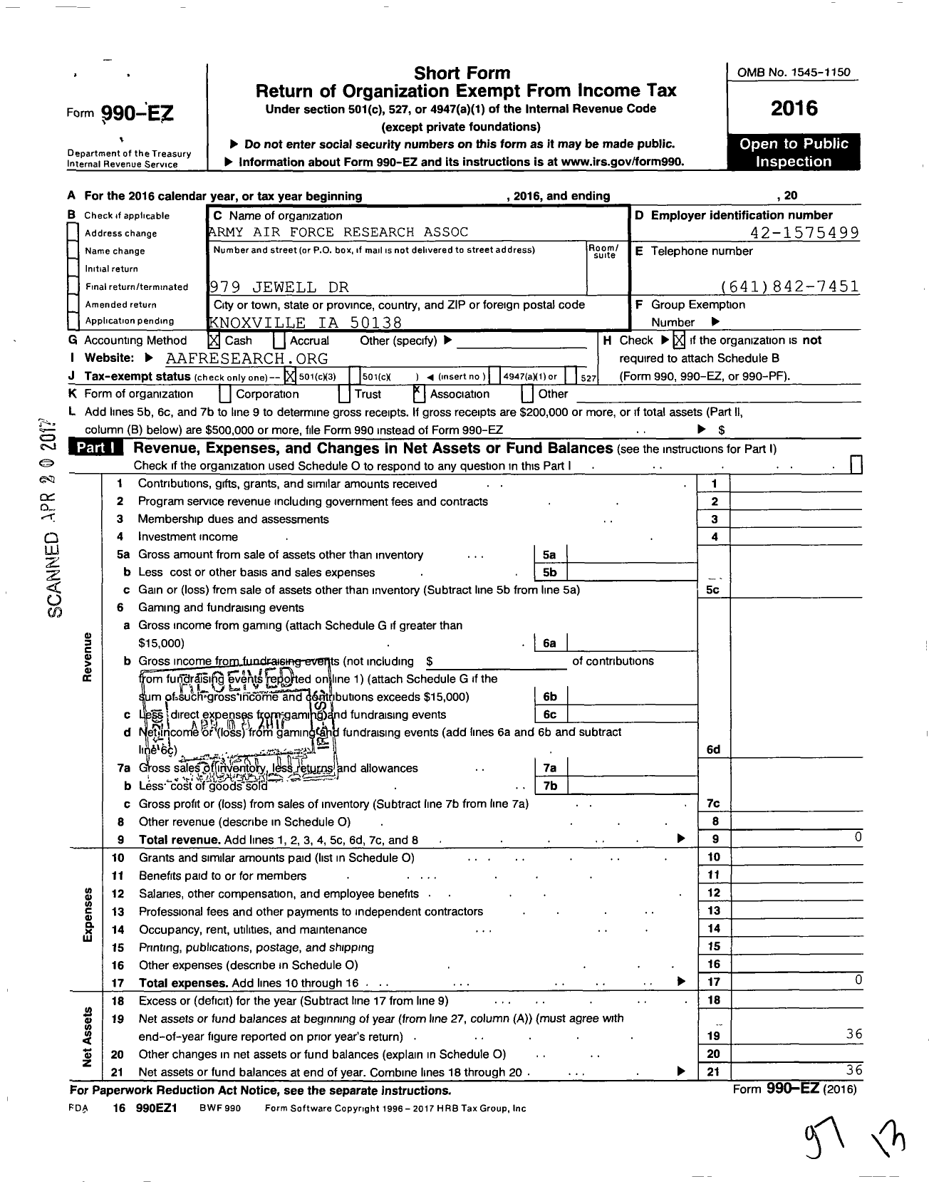 Image of first page of 2016 Form 990EZ for Army Air Force Research Association