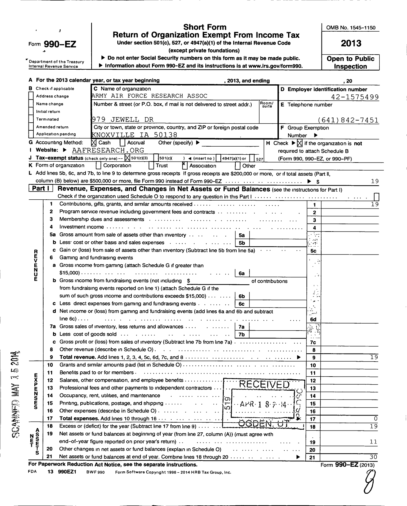 Image of first page of 2013 Form 990EZ for Army Air Force Research Association