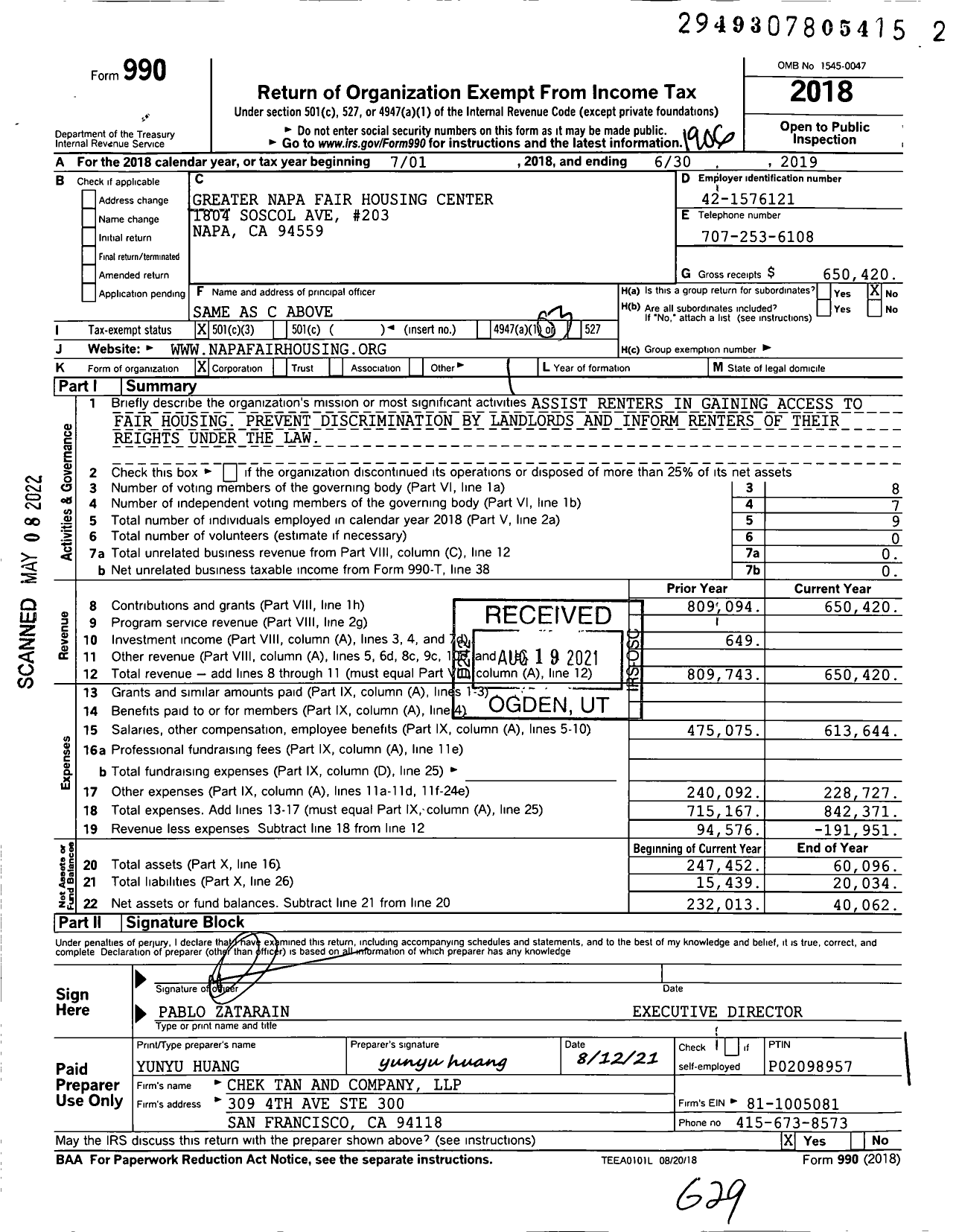 Image of first page of 2018 Form 990 for Greater Napa Fair Housing Center