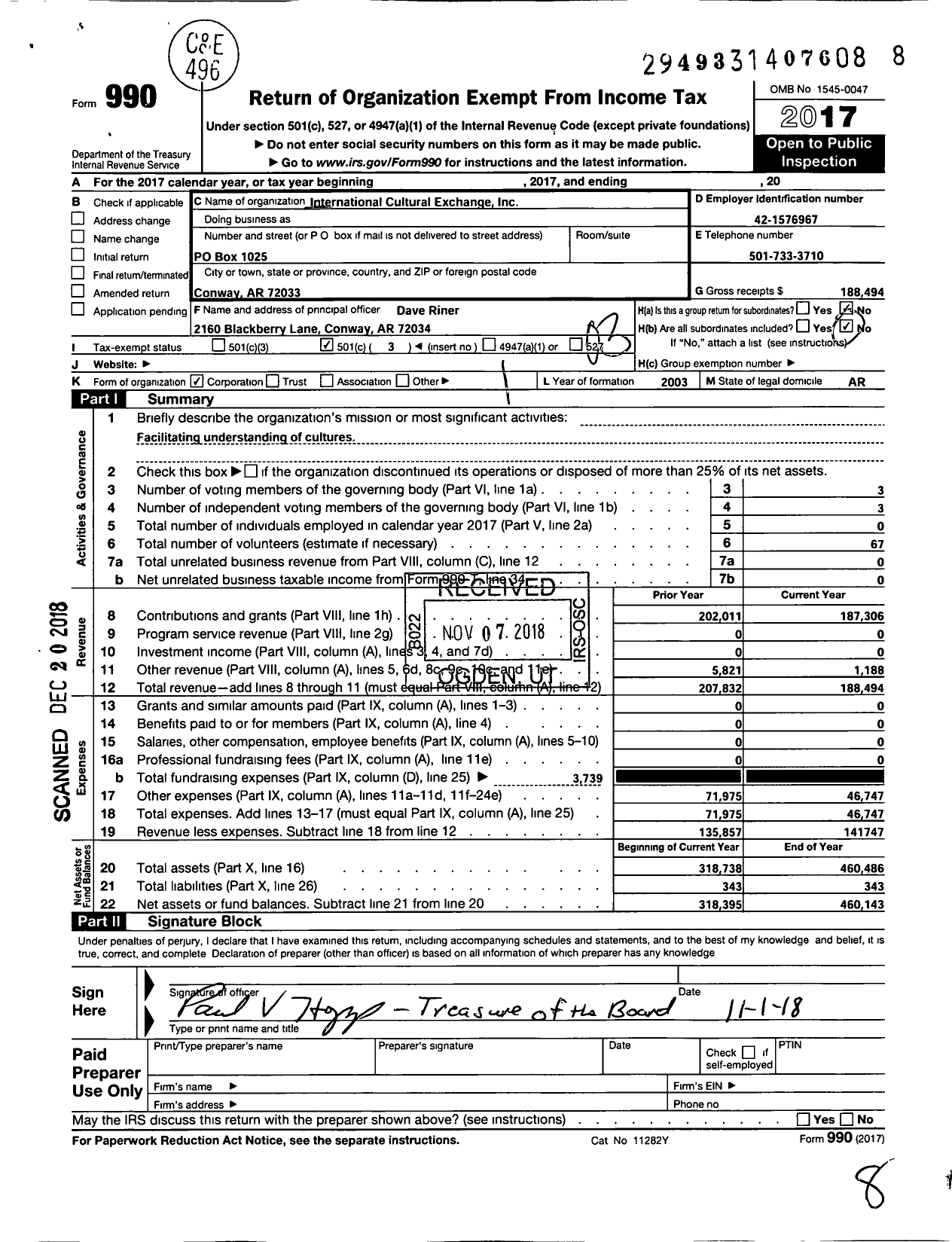 Image of first page of 2017 Form 990 for International Cultural Exchange