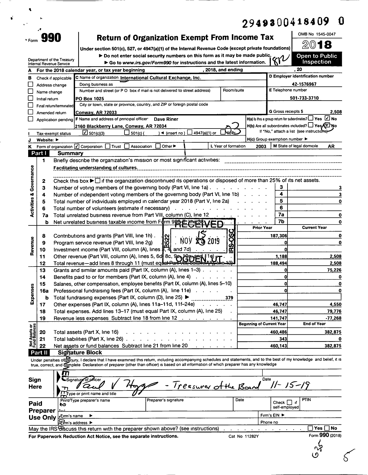 Image of first page of 2018 Form 990 for International Cultural Exchange