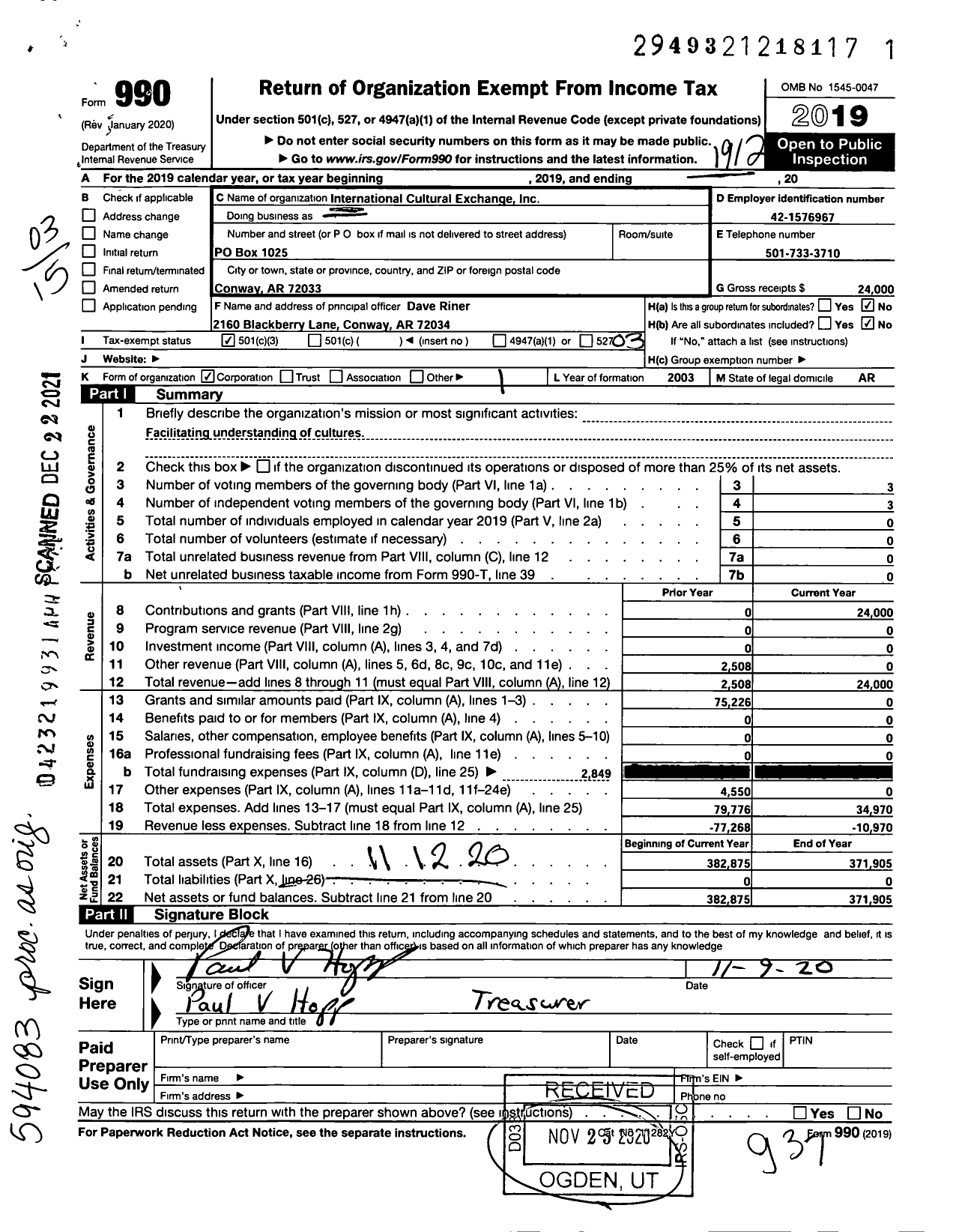 Image of first page of 2019 Form 990 for International Cultural Exchange