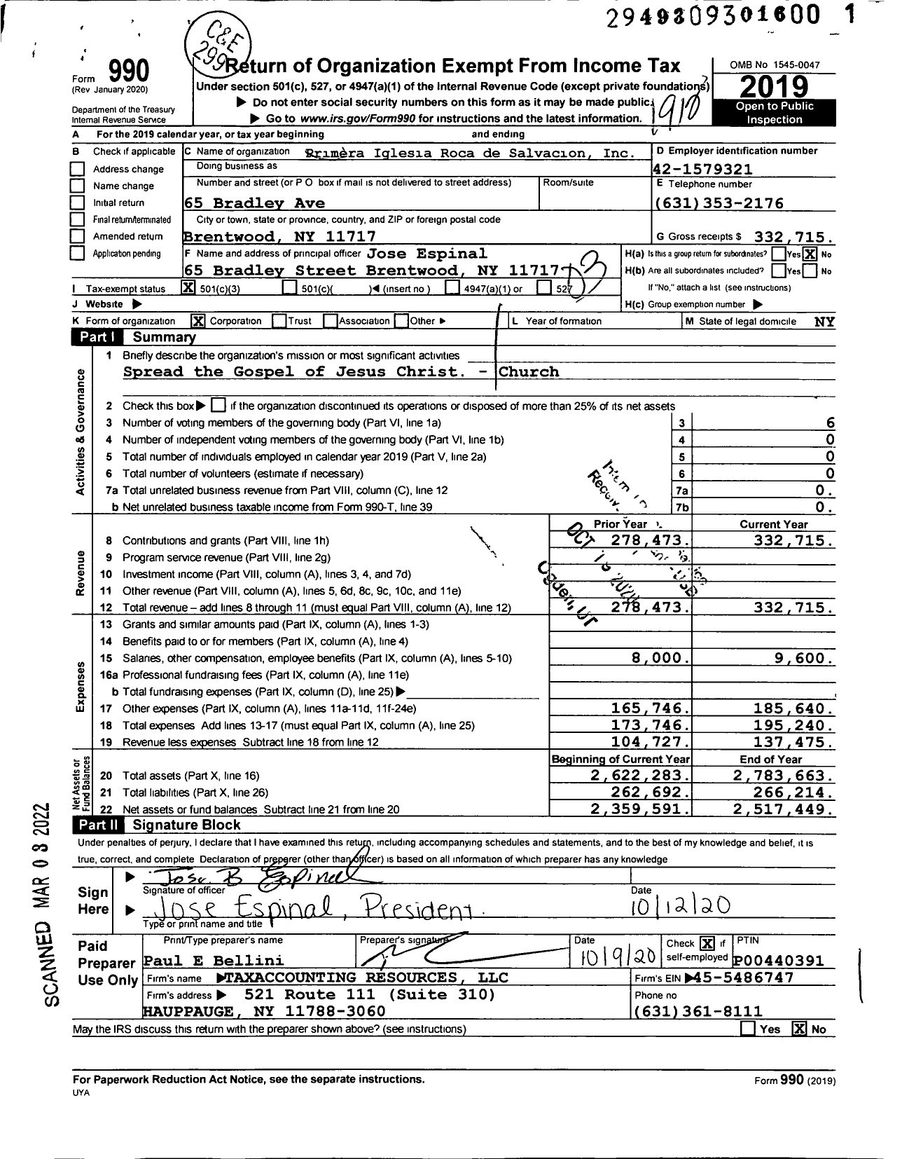 Image of first page of 2019 Form 990 for Primera Iglesia Pentecostal Roca de Salvacion