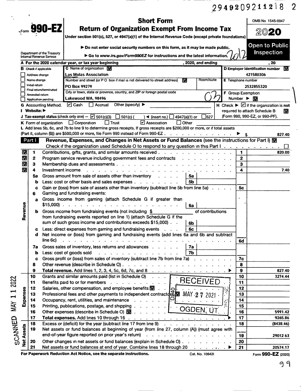 Image of first page of 2020 Form 990EZ for Las Molas Association