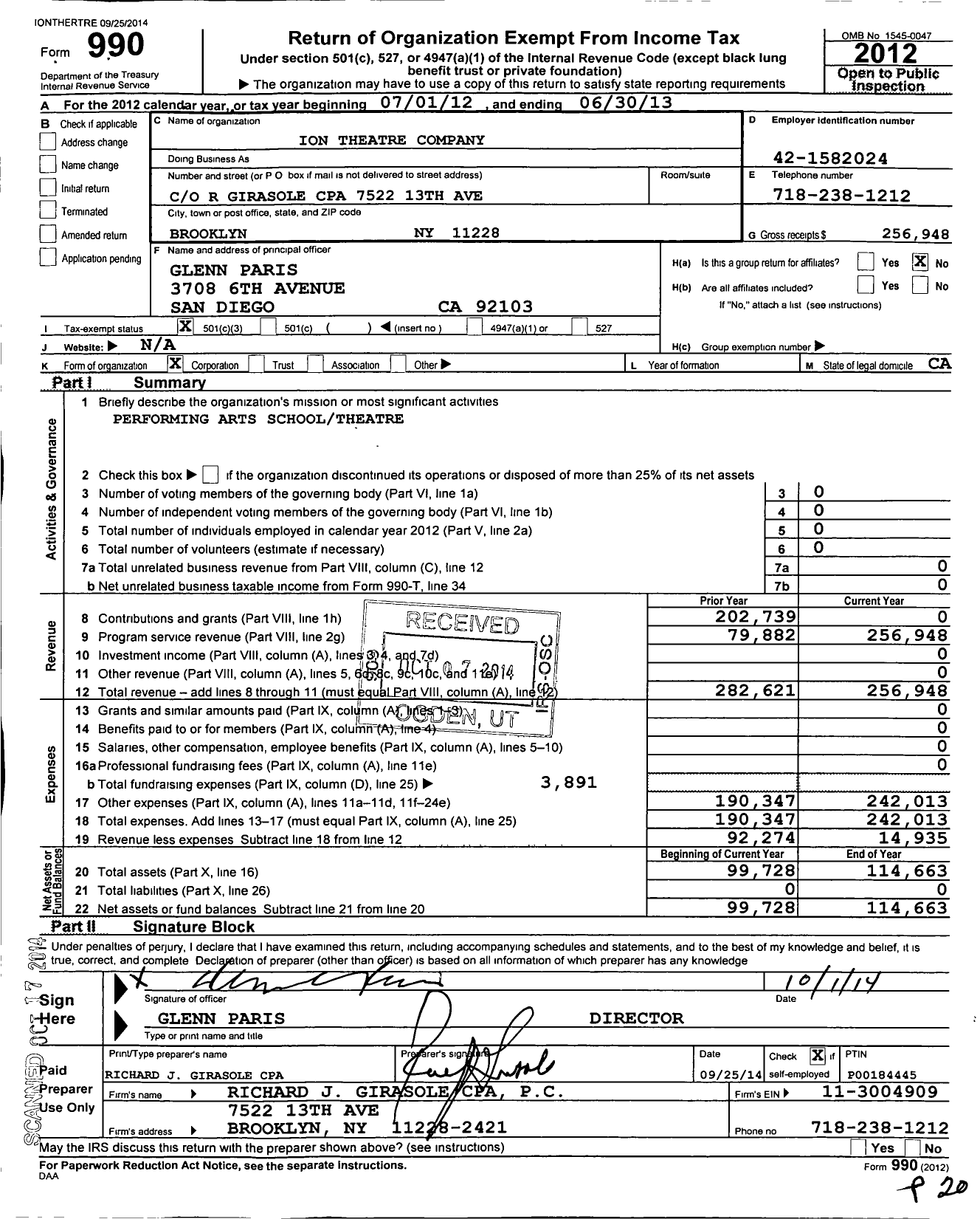 Image of first page of 2012 Form 990 for Ion Theatre Company