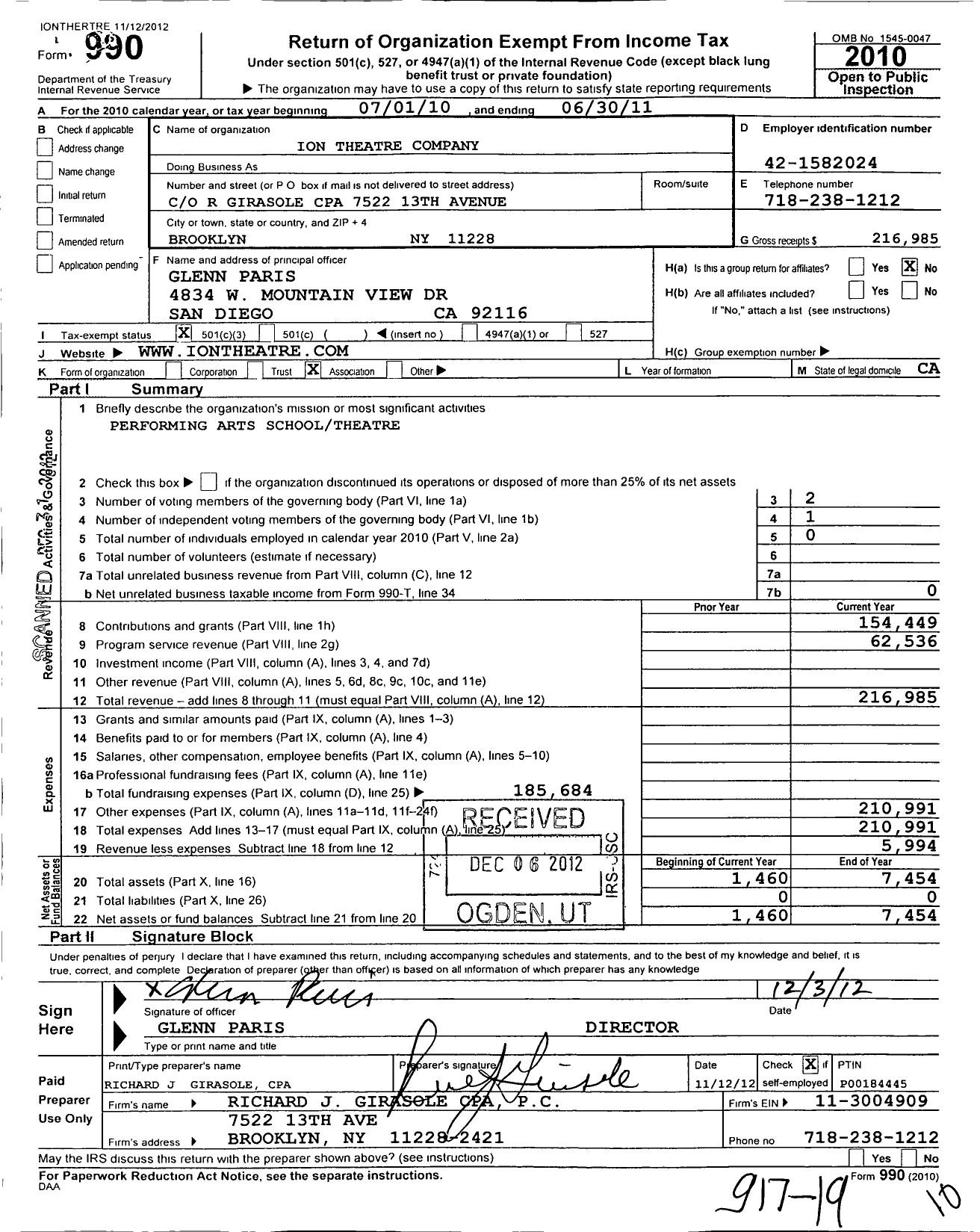 Image of first page of 2010 Form 990 for Ion Theatre Company