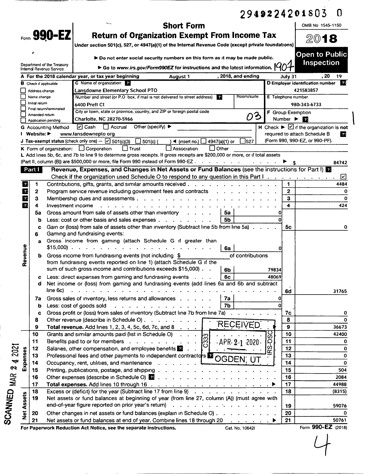 Image of first page of 2018 Form 990EZ for Lansdowne Elementary School Pto