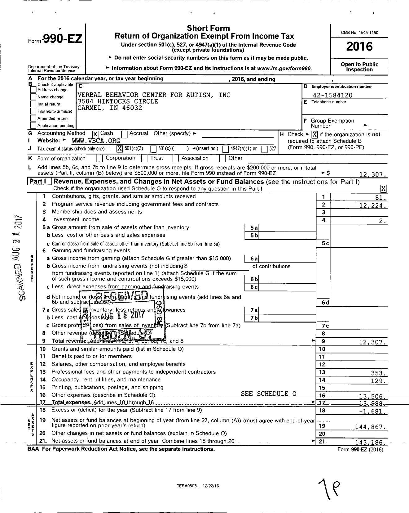 Image of first page of 2016 Form 990EZ for Verbal Behavior Center for Autism (VBCA)