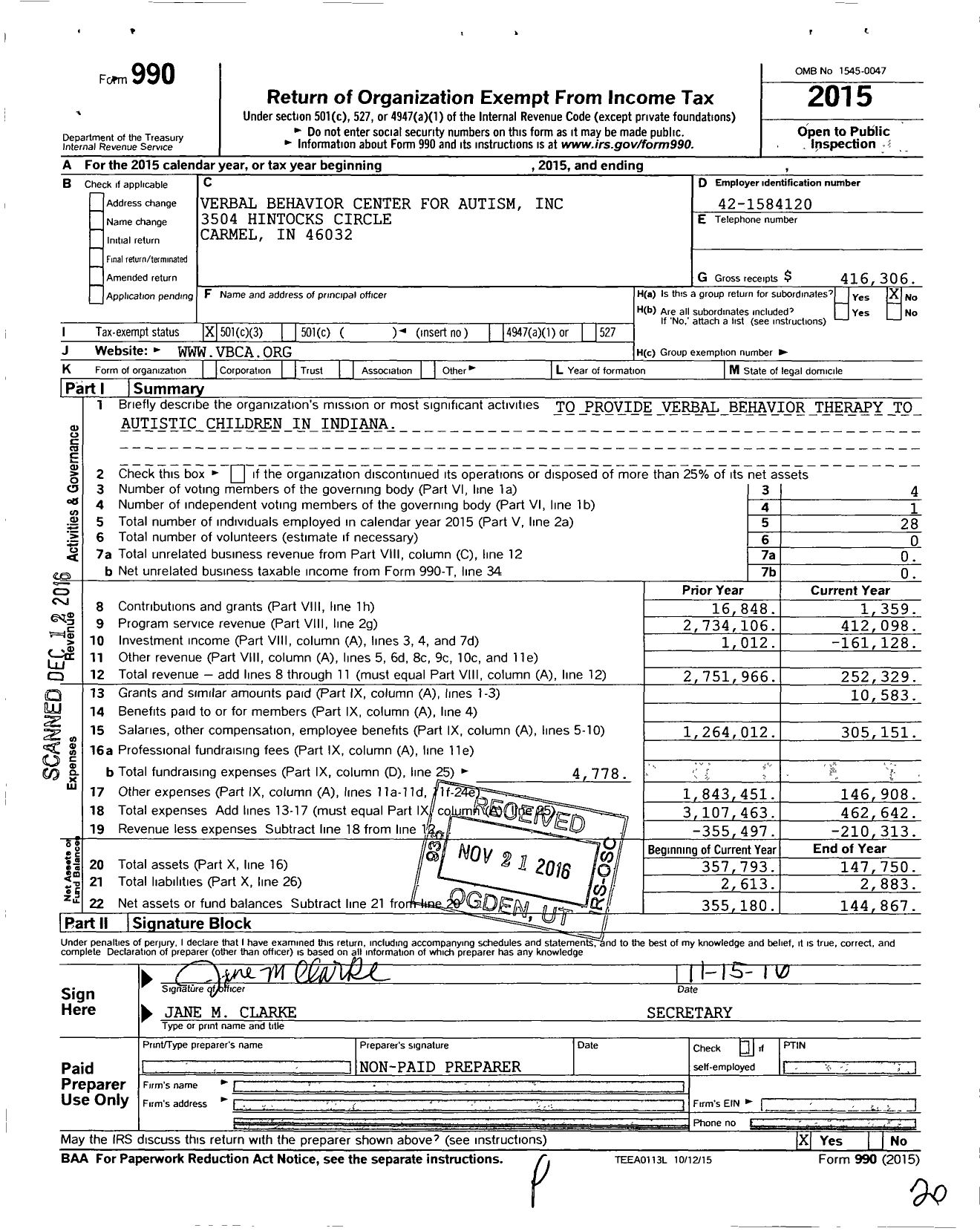 Image of first page of 2015 Form 990 for Verbal Behavior Center for Autism (VBCA)