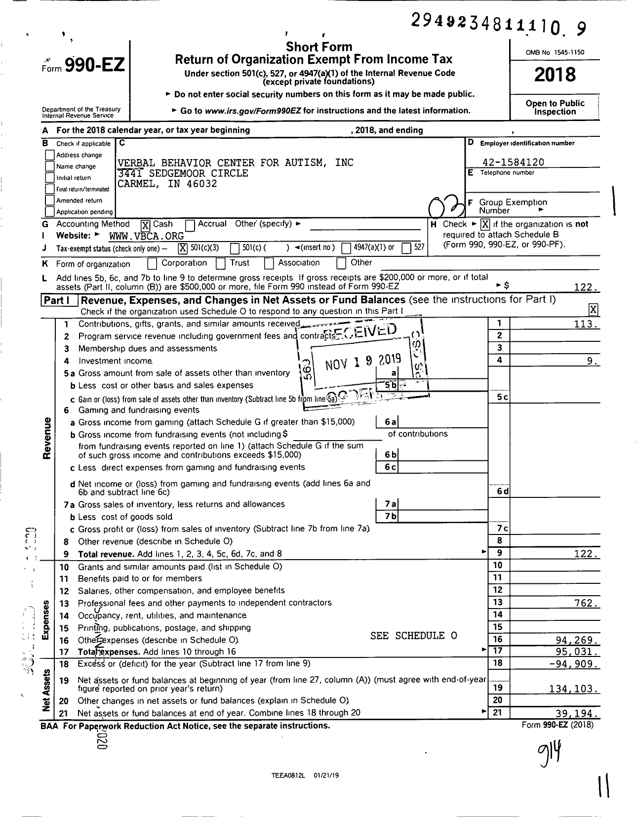 Image of first page of 2018 Form 990EZ for Verbal Behavior Center for Autism (VBCA)