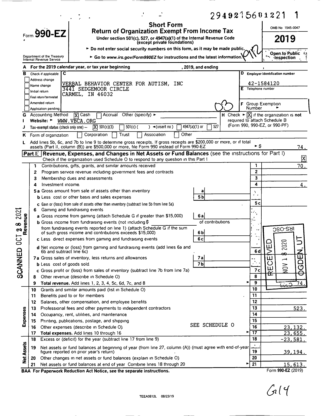 Image of first page of 2019 Form 990EZ for Verbal Behavior Center for Autism (VBCA)