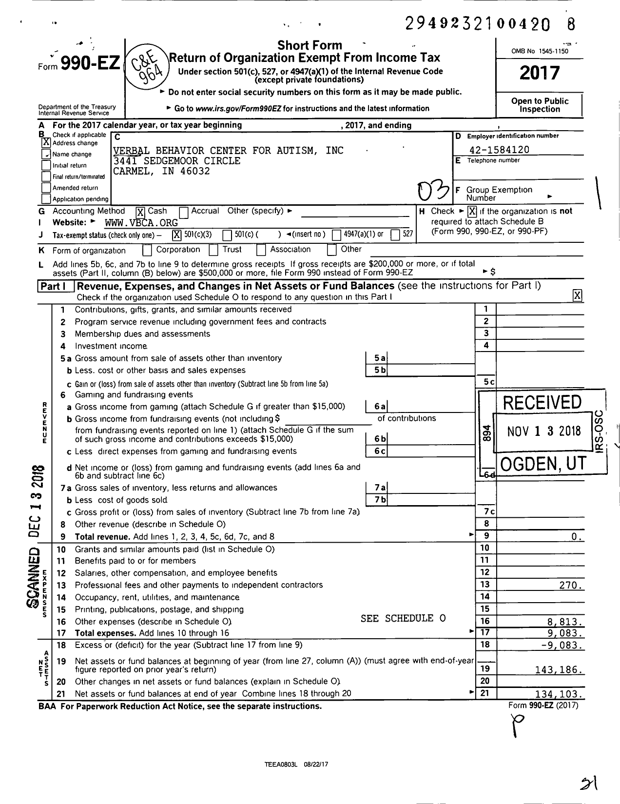 Image of first page of 2017 Form 990EZ for Verbal Behavior Center for Autism (VBCA)